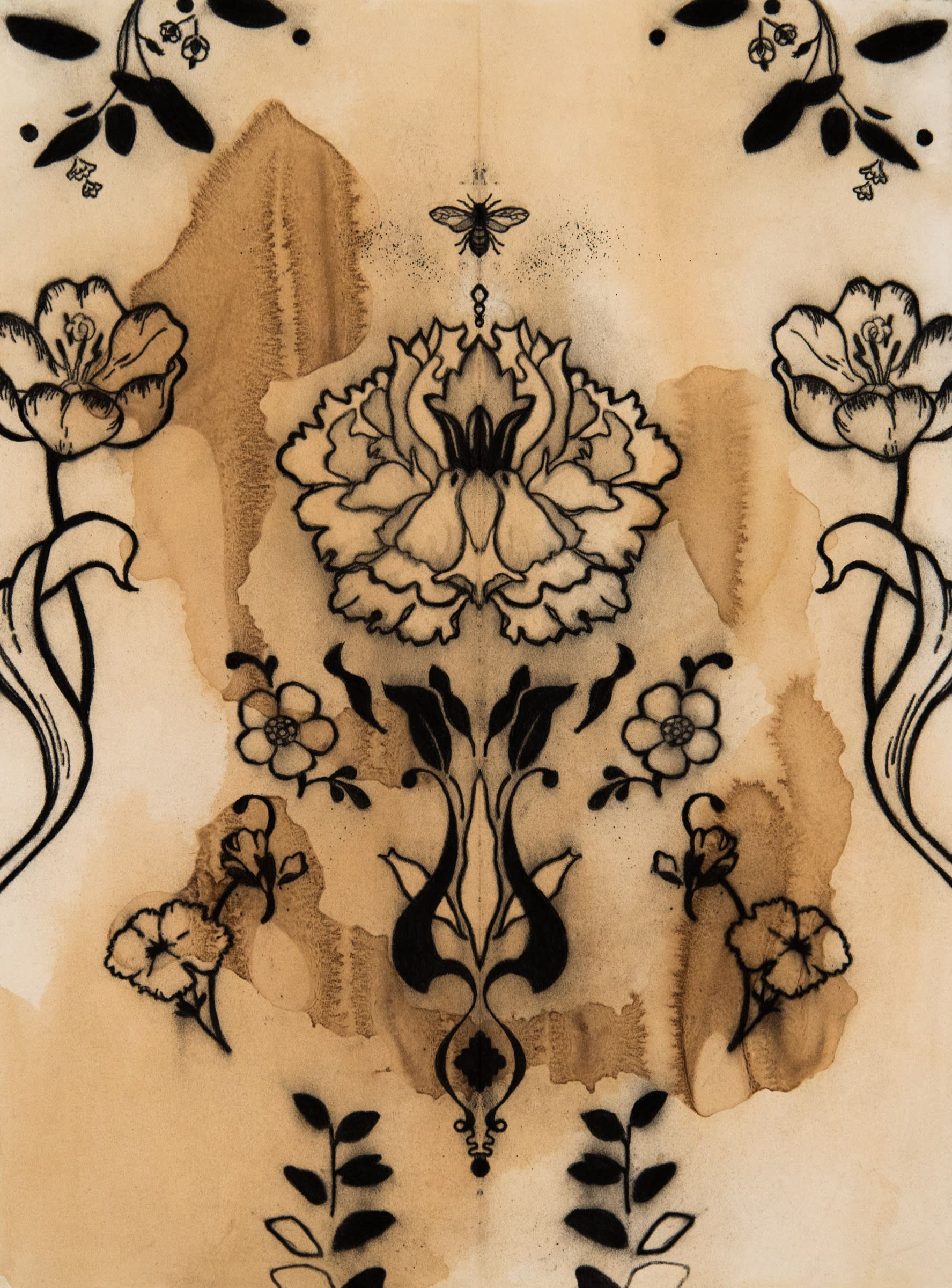 View to a garden of all flowers 30x22 charcoal on tea stained paper 2020 jaap elkno8