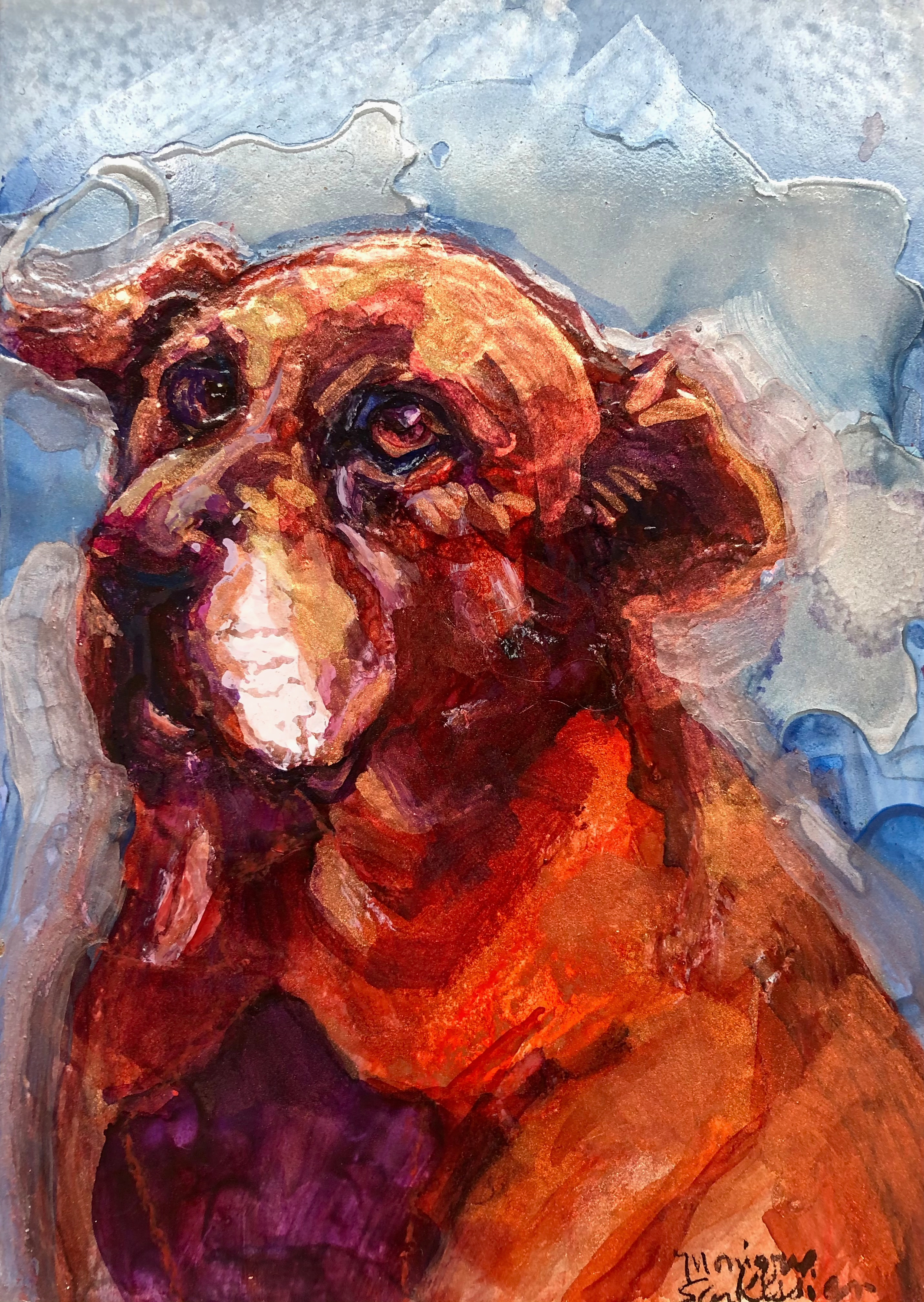 Sue s dog brick alcohol ink on panel 7x5 to6tsu