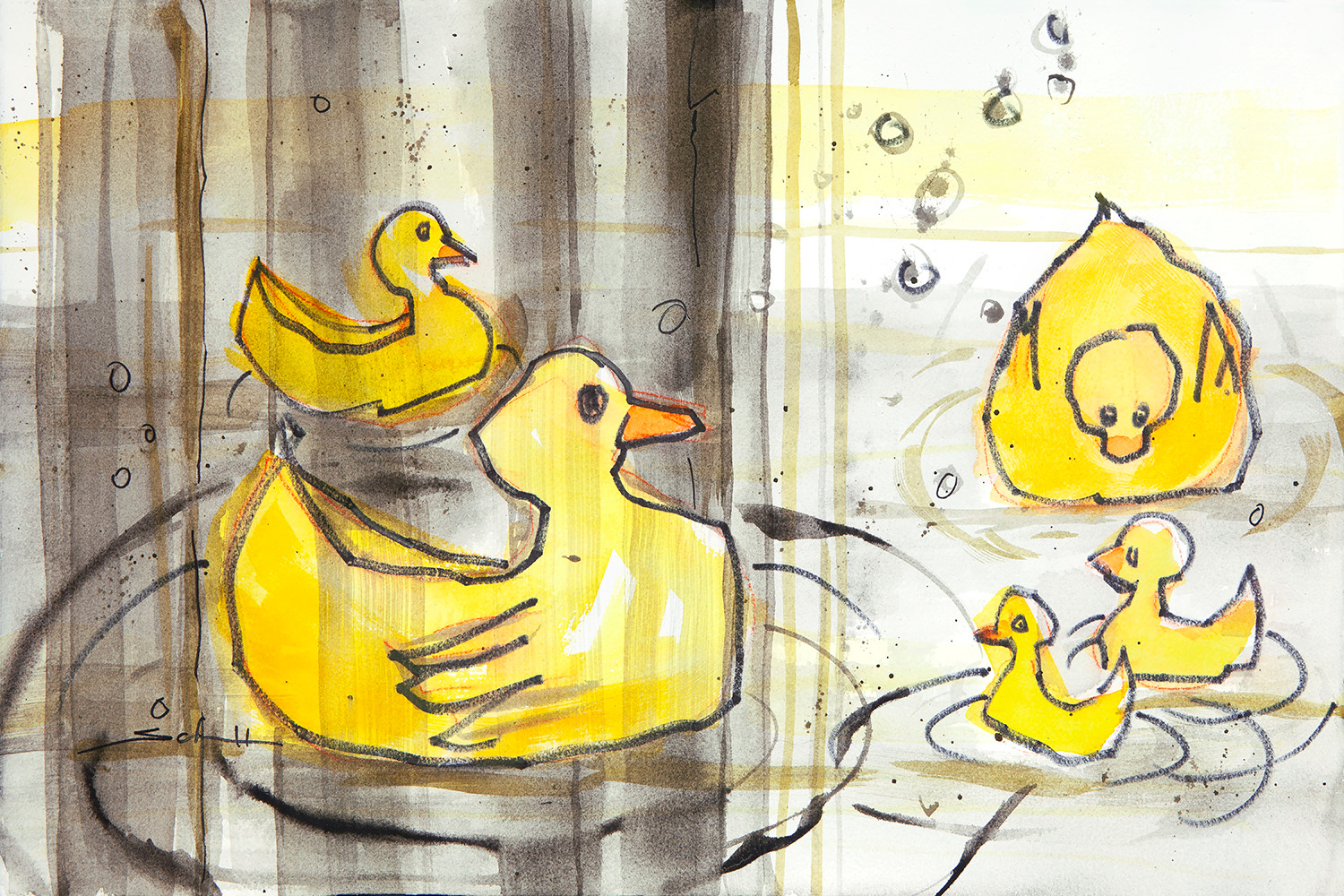 Duckies in bathtub with shower curtain fouigd