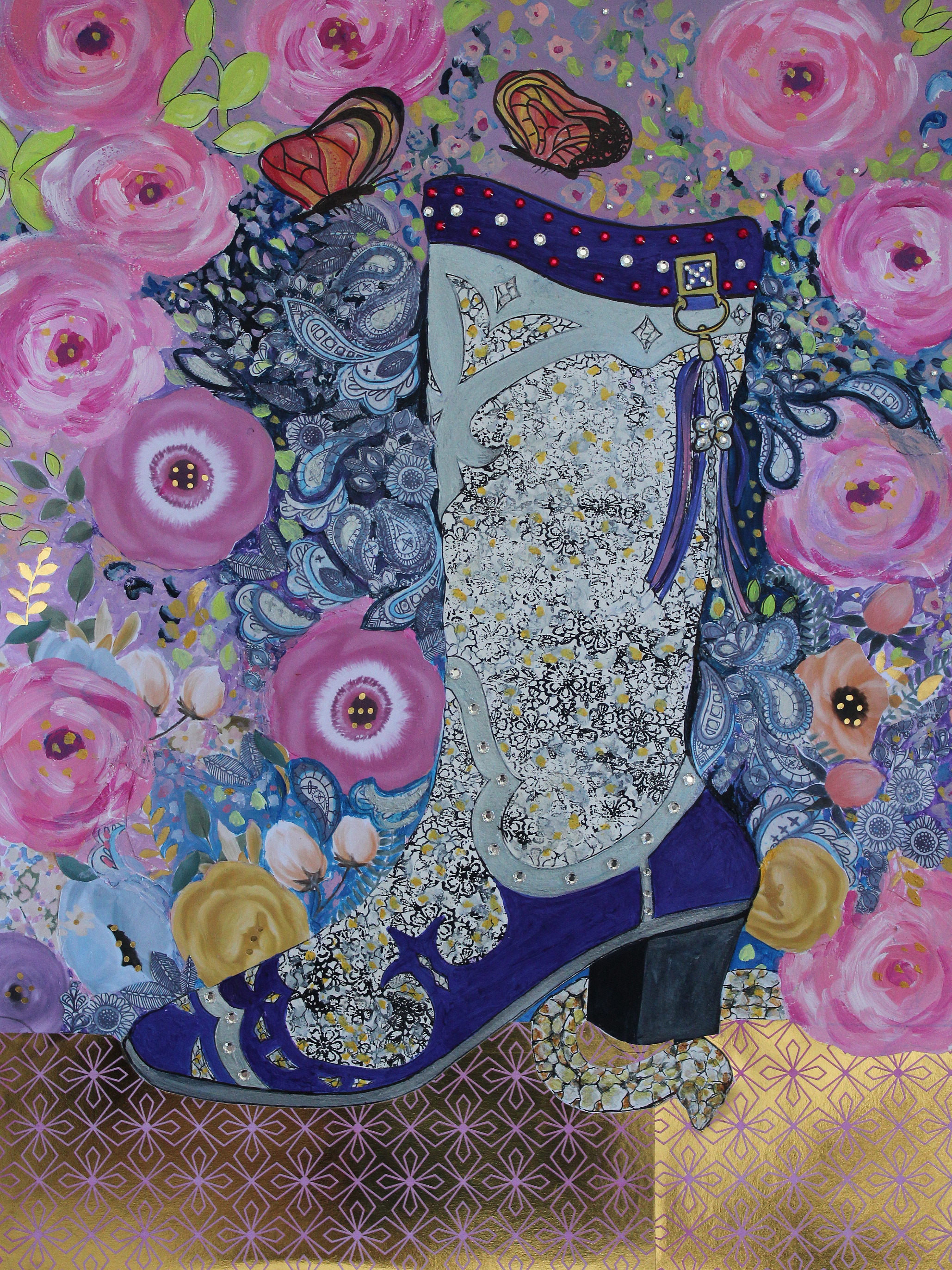 Purple boot with pink roses dcpfn4