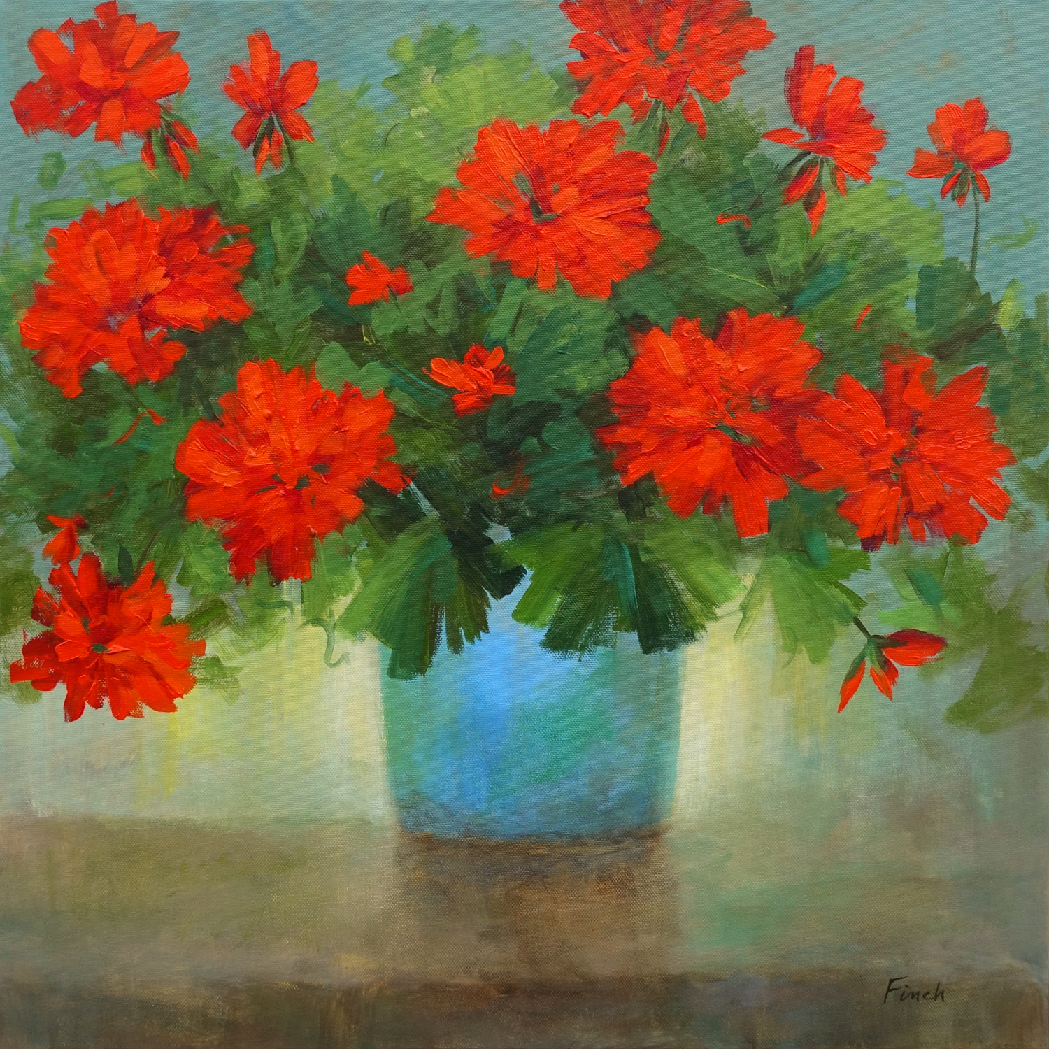 4648 red geraniums in a blue pot 20x20 sheila finch yxbl7l