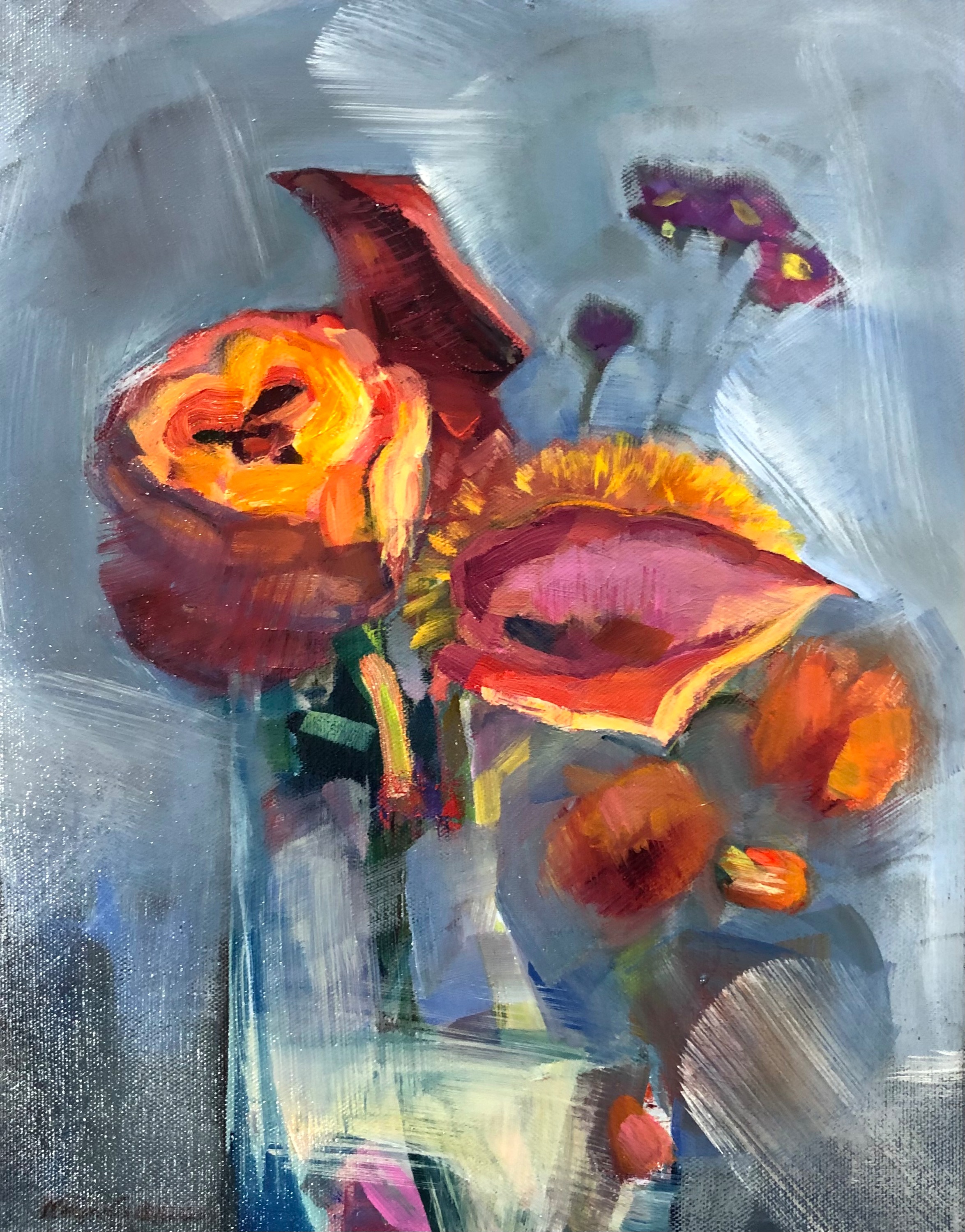 Together still life with calla lilies roses and asters oil on canvas 14x11 e4tmcl