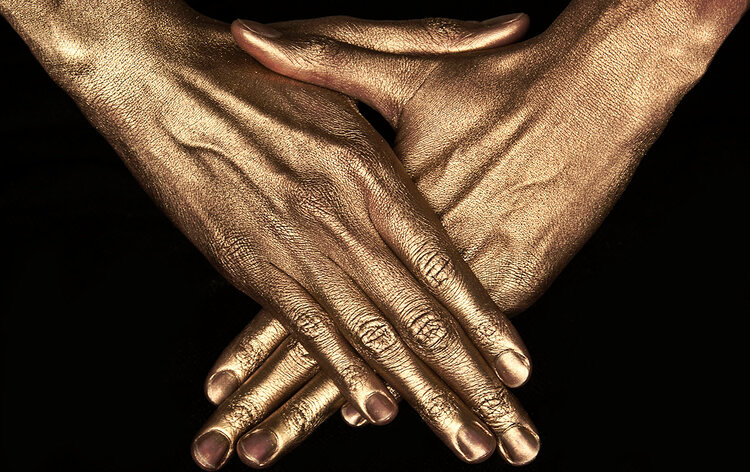 Fine art print of a hand covered in gold 3 rxmdbn