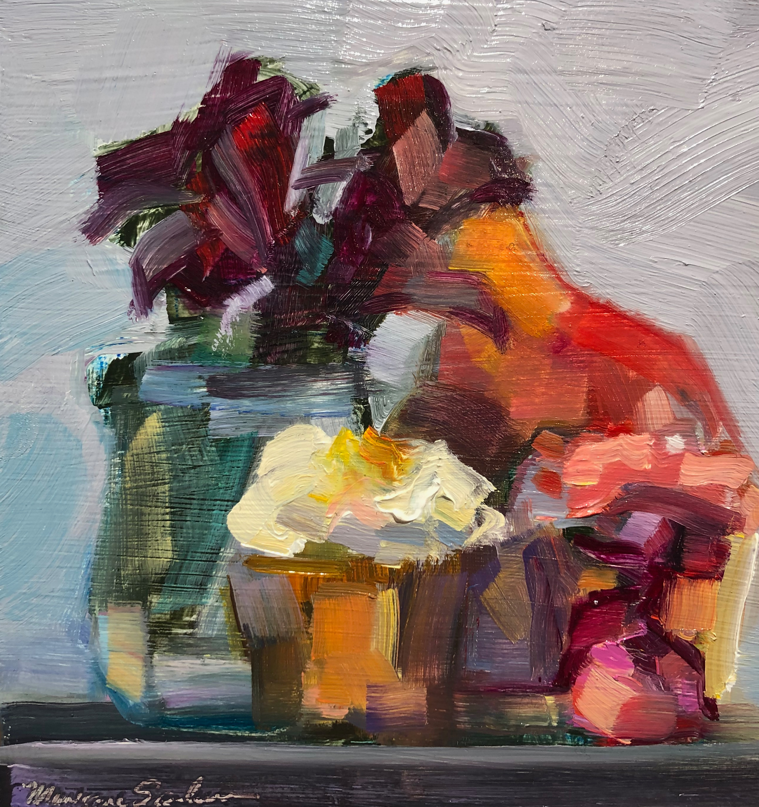 Together still life with two cupcakes pear and chocolate oil on wood 6x6 kzvtqs