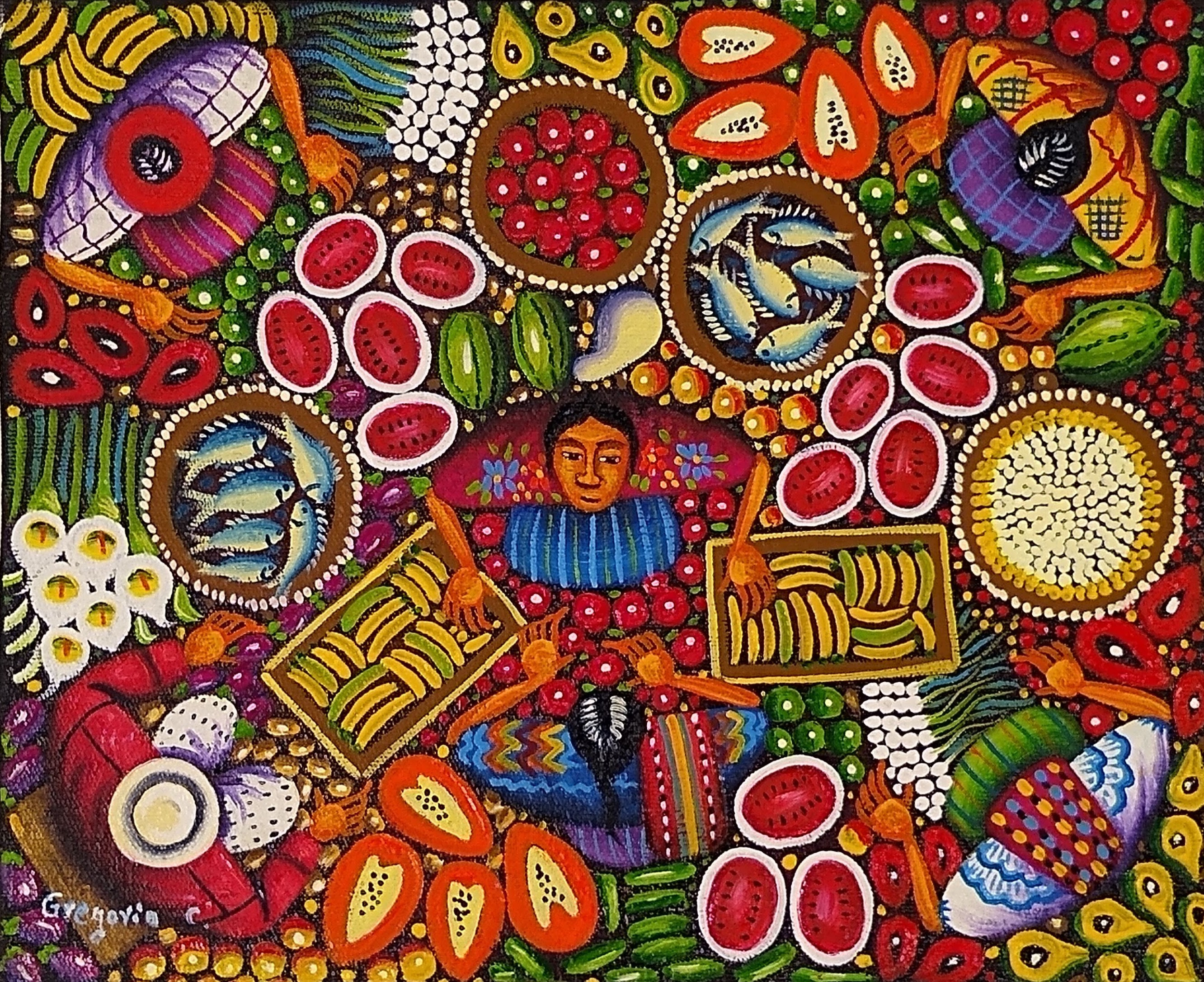 Market Scene By Gregorio Coche Mendoza 9x11 Art | GuateMaya Art