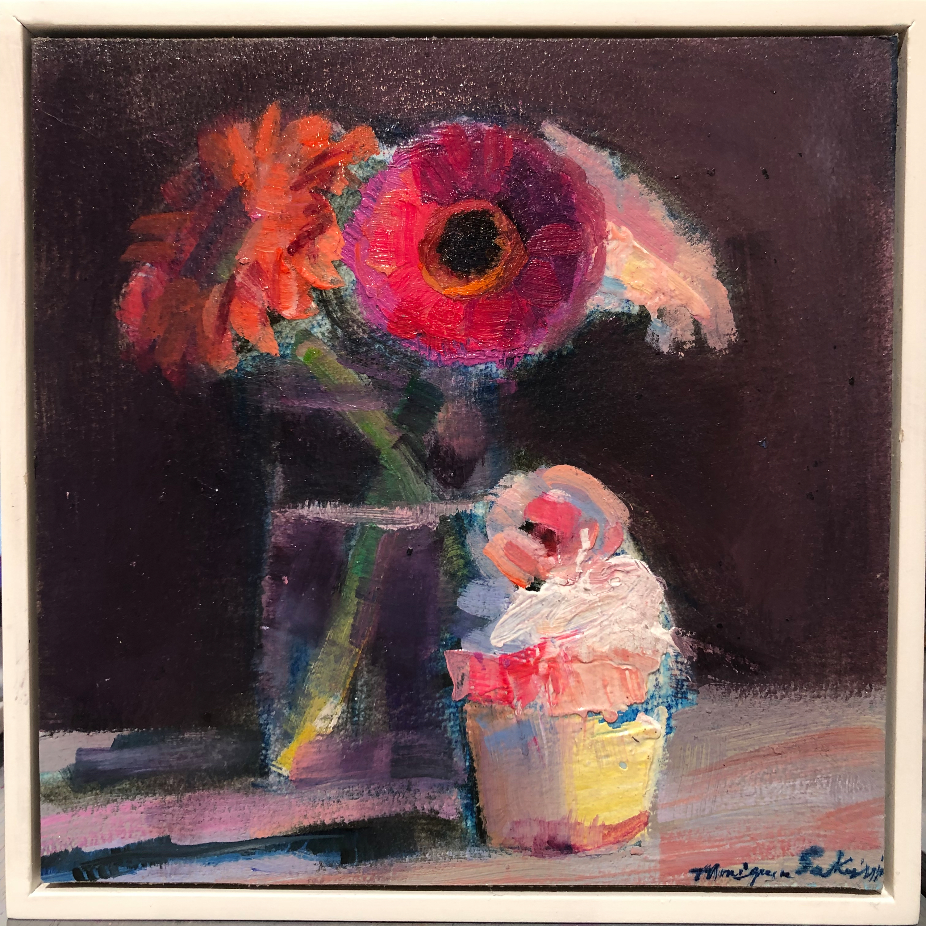 Together still life with gerbera daisies and pink cupcake oil on paper 6x6 xpbxa8