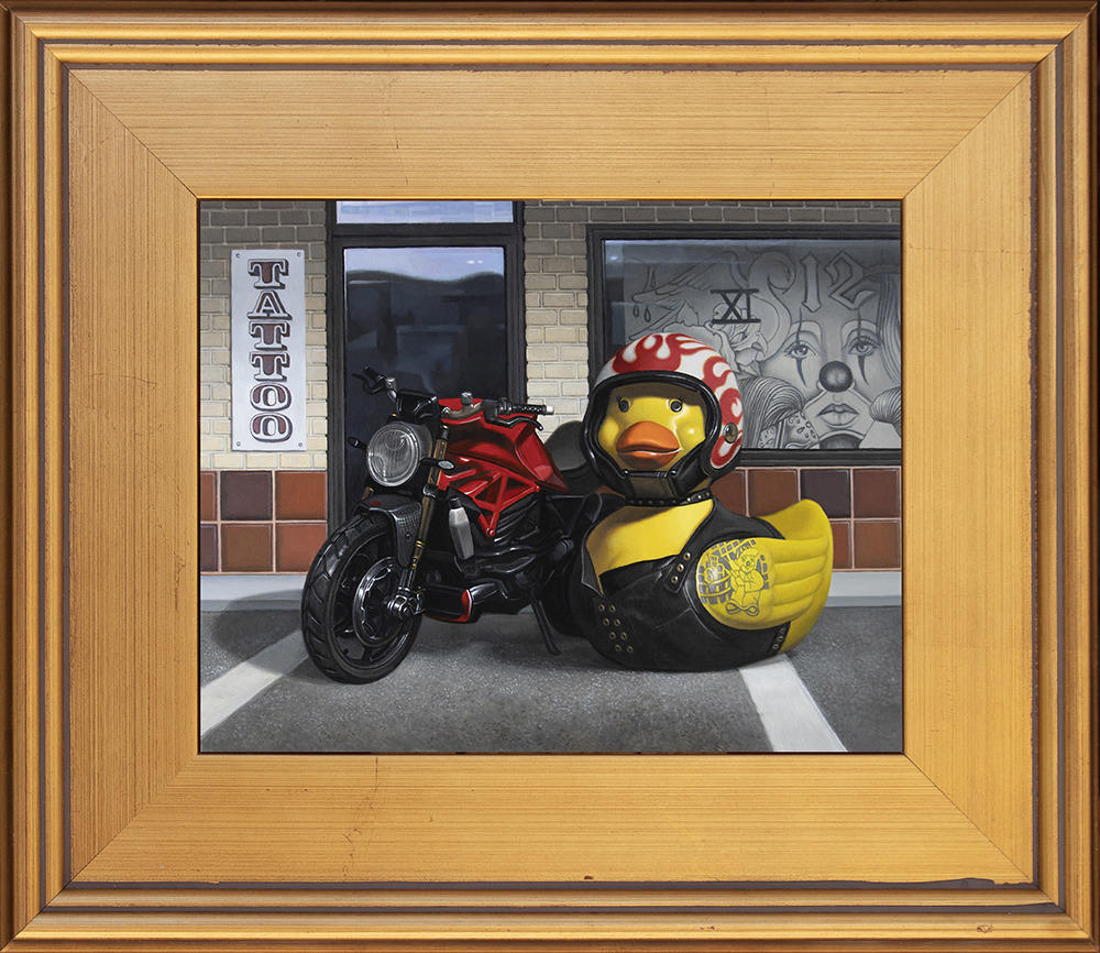 Kevin grass biker chick gold frame acrylic on aluminum panel painting i0ovuq