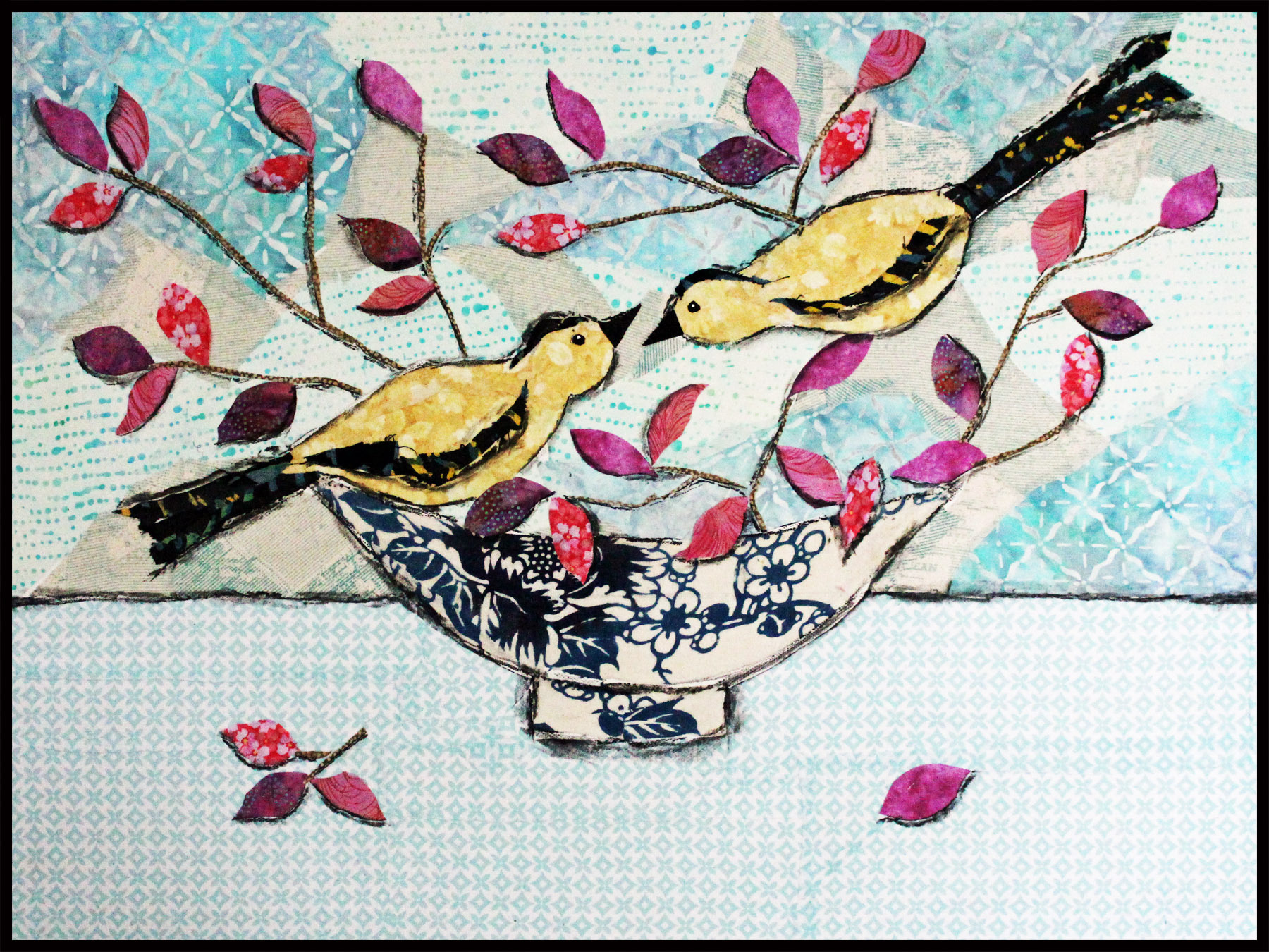 Gold finches and lotus flowers framed g2lpjb