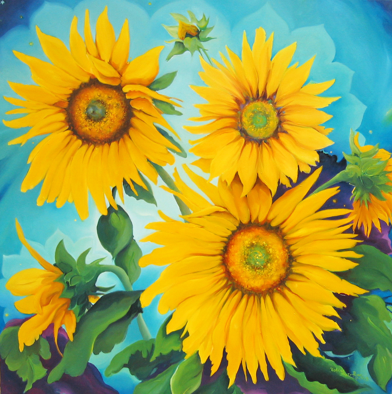 Glorious sunflowers oil on canvas 36x36 inkdk1