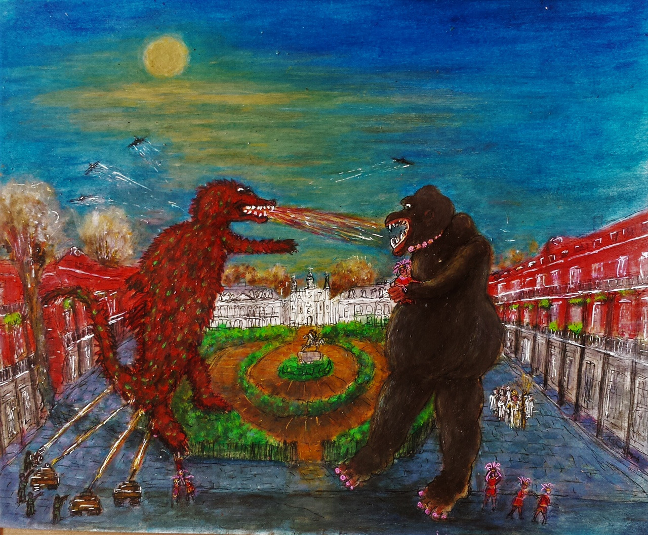Achampagnequeen kong vs gatorsaurus11x14acrylicinkwatercolor framed caejpy