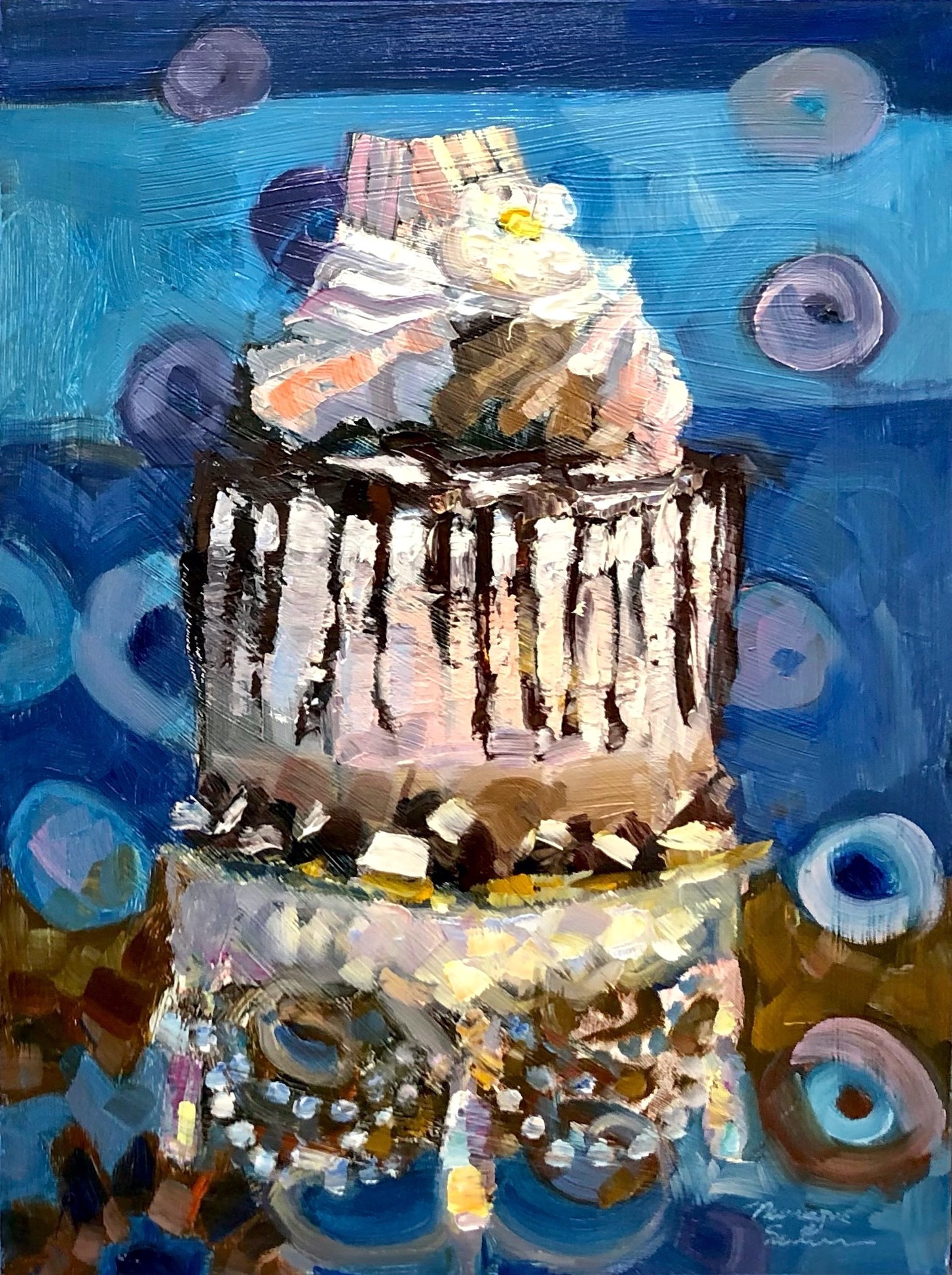 Strawberry and chocolate pink velvet glory cake oil on wood 12x9 nuqni0