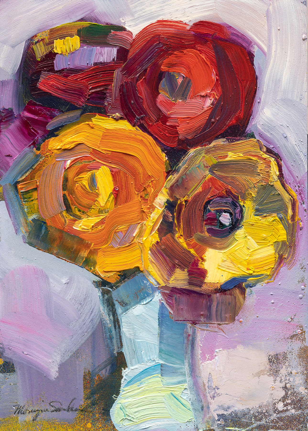 Together still life with mixed ranunculus oil 7x5 esonze
