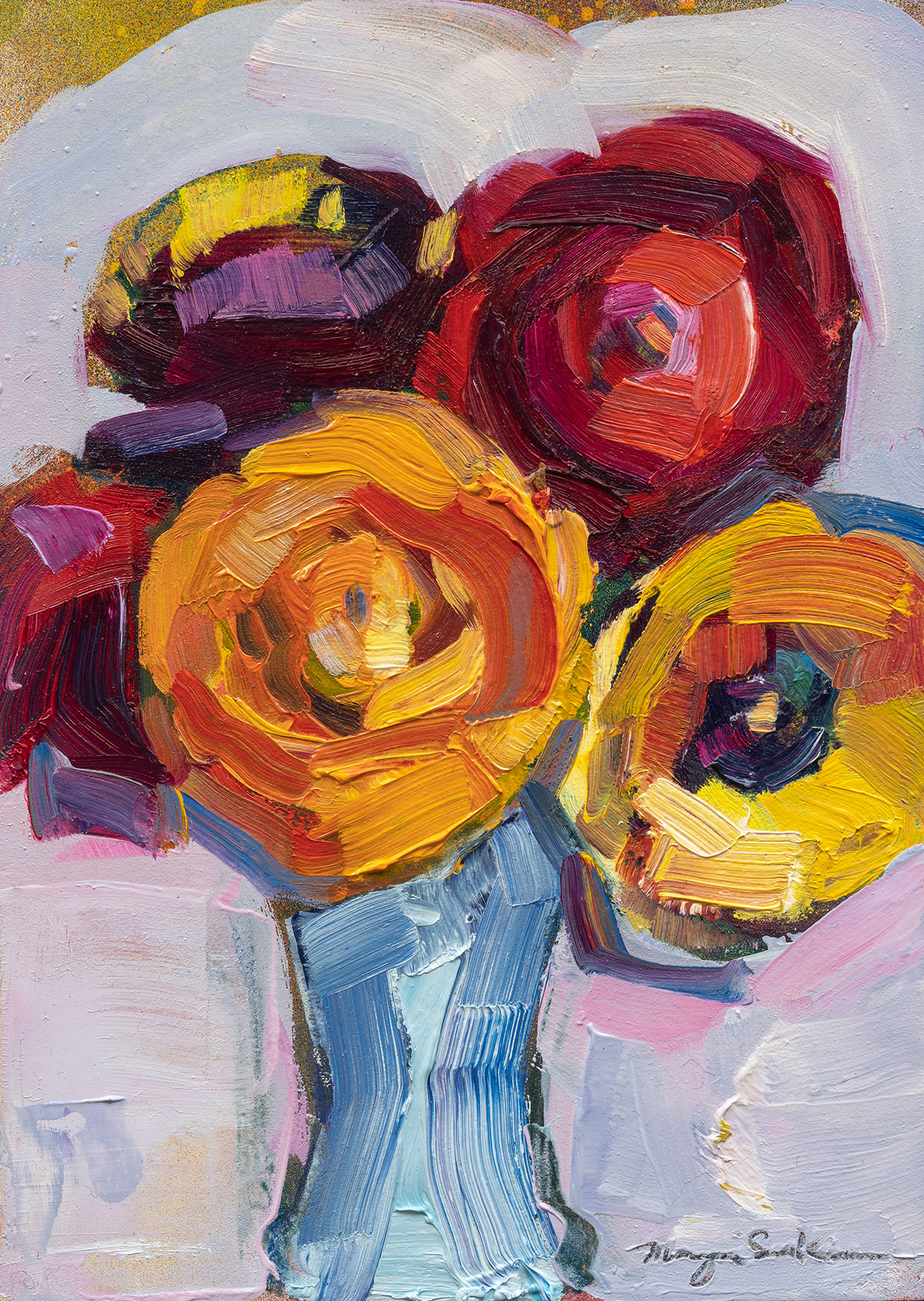 Together still life with mixed ranunculus bouquet 2 oil on wood 7x5 dfz2fz