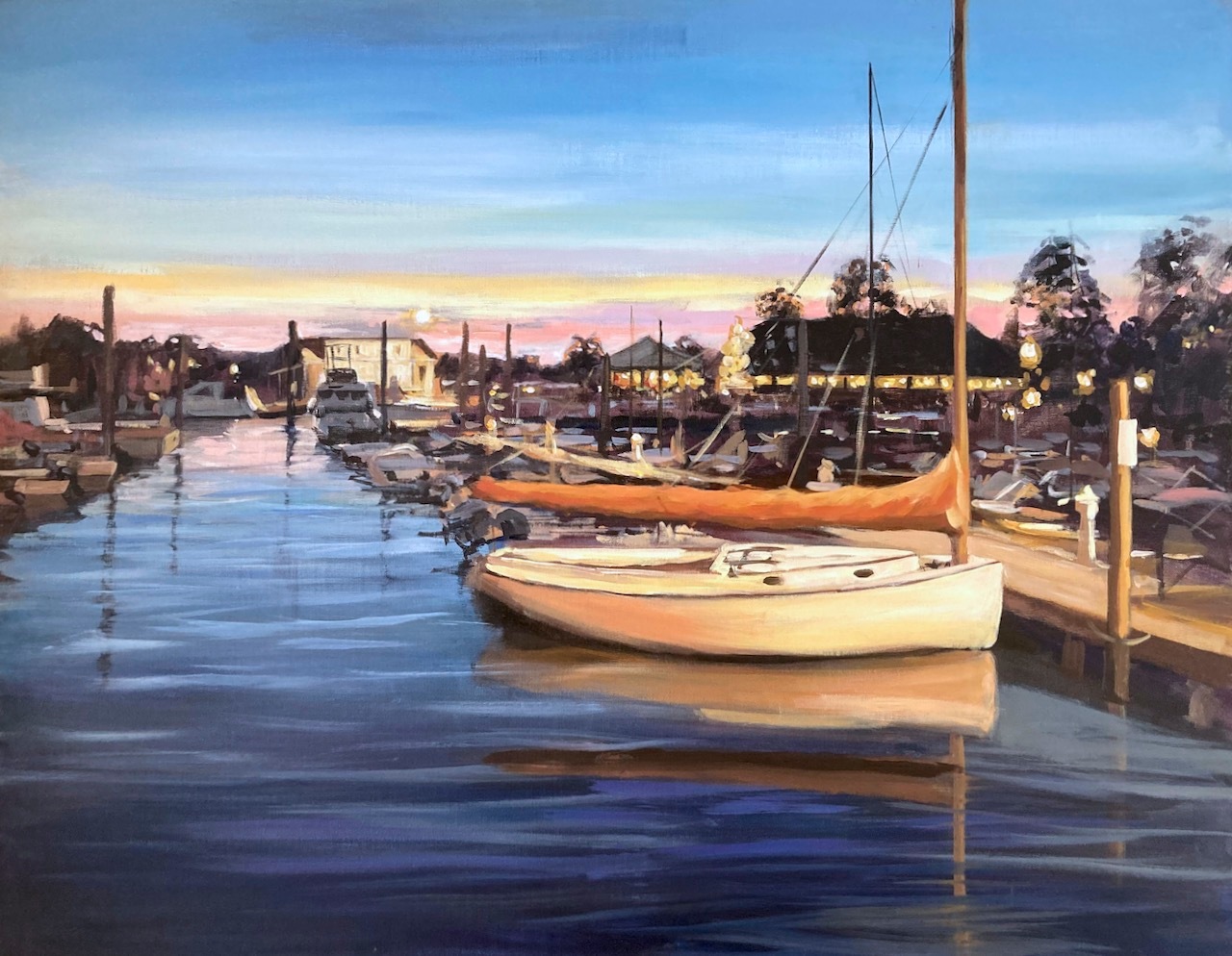 Painting of guilford marina at sunset original qmizxj