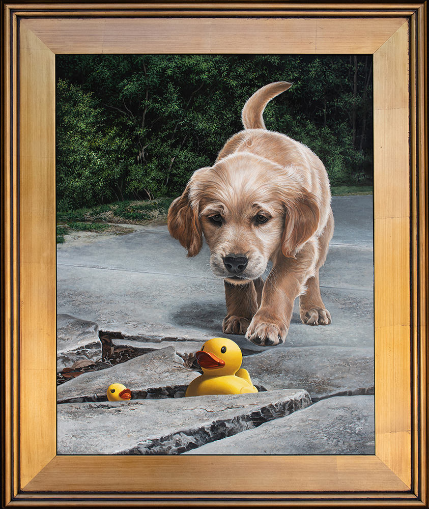 Kevin grass quacks in the sidewalk gold frame acrylic on aluminum panel painting hmv0ti
