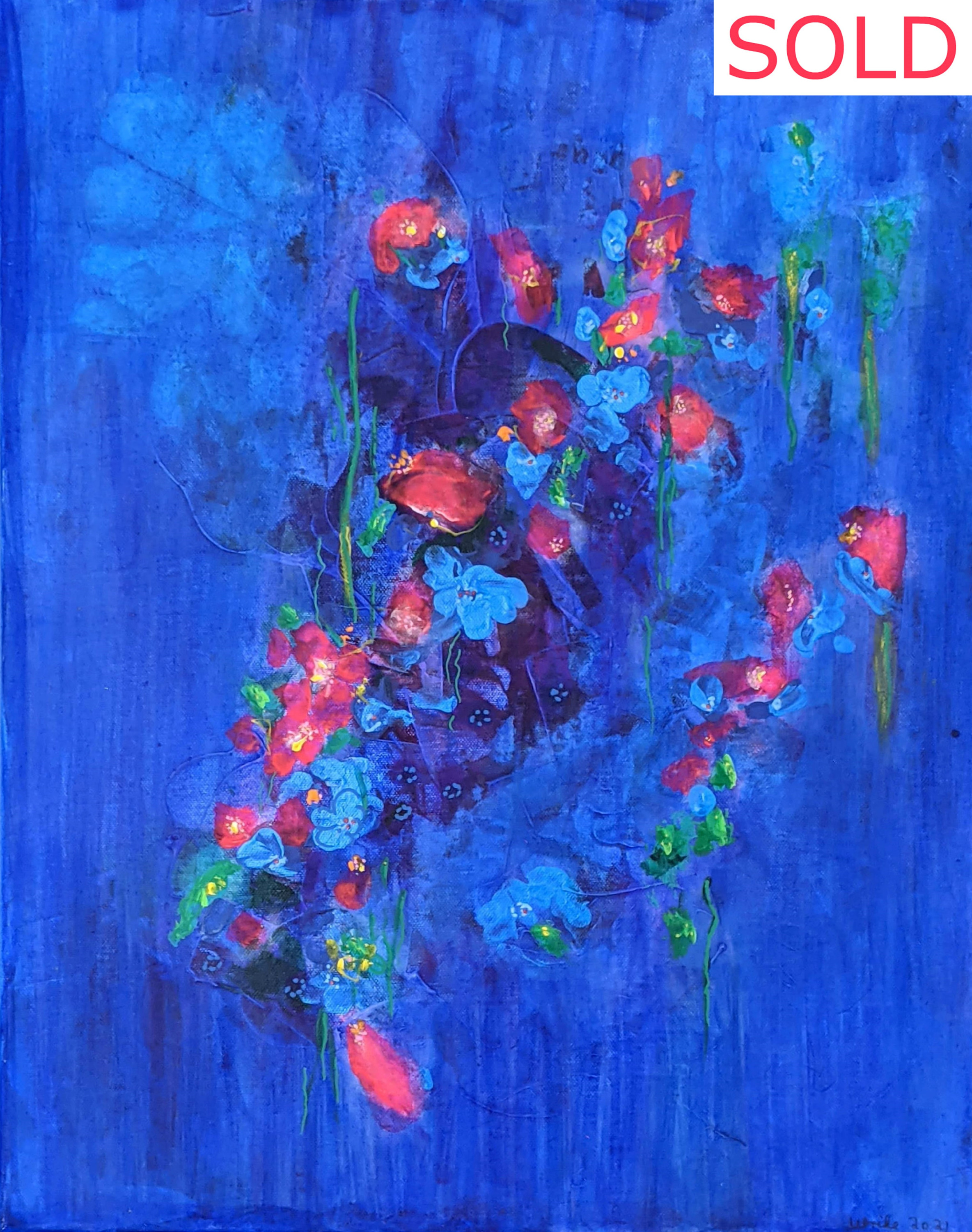 Red flowers in blue sold frwonk