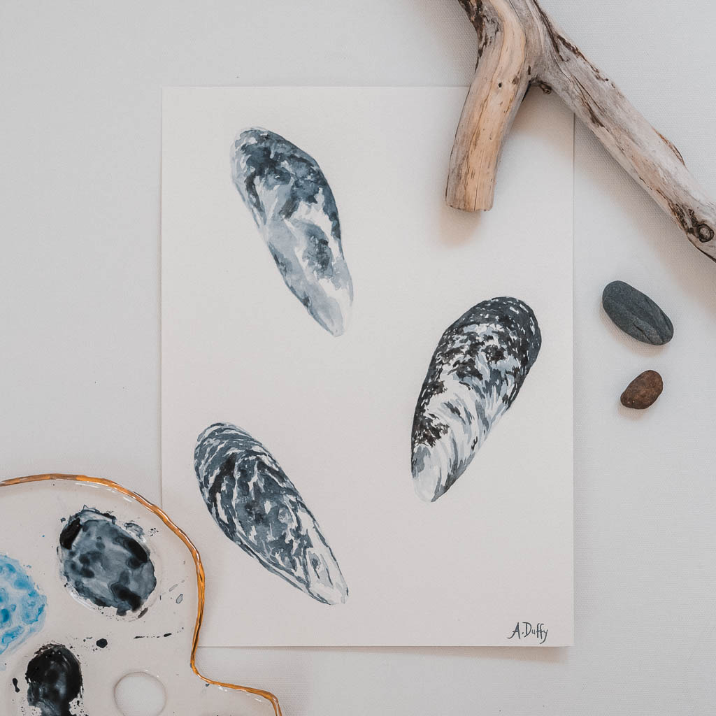Of the sea mussel shell watercolor painting amy duffy 001 rortfk
