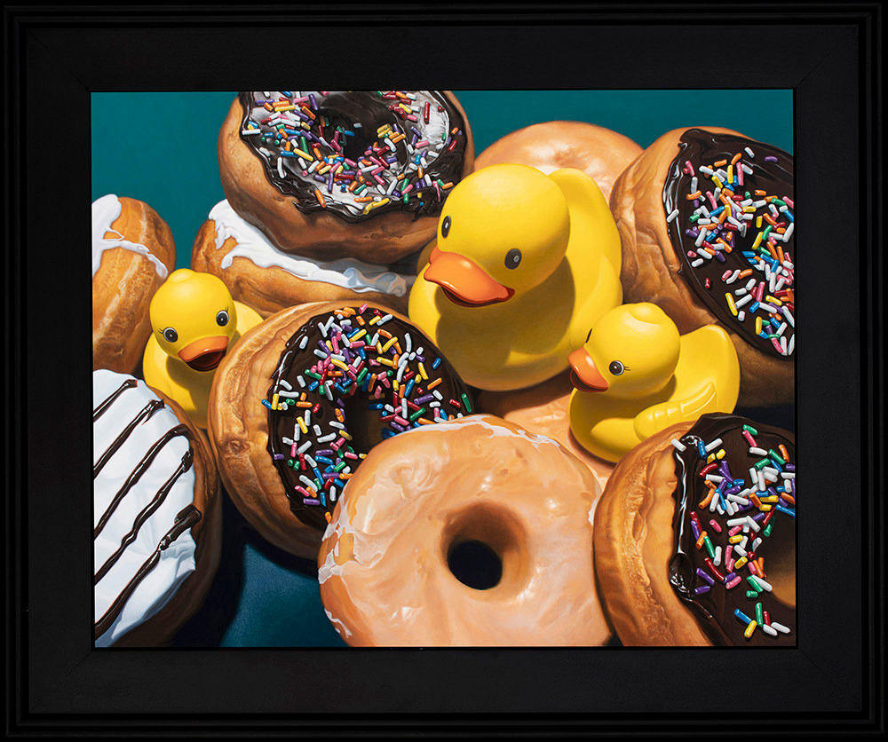 Kevin grass duck in donuts black frame acrylic on aluminum panel painting io1ula