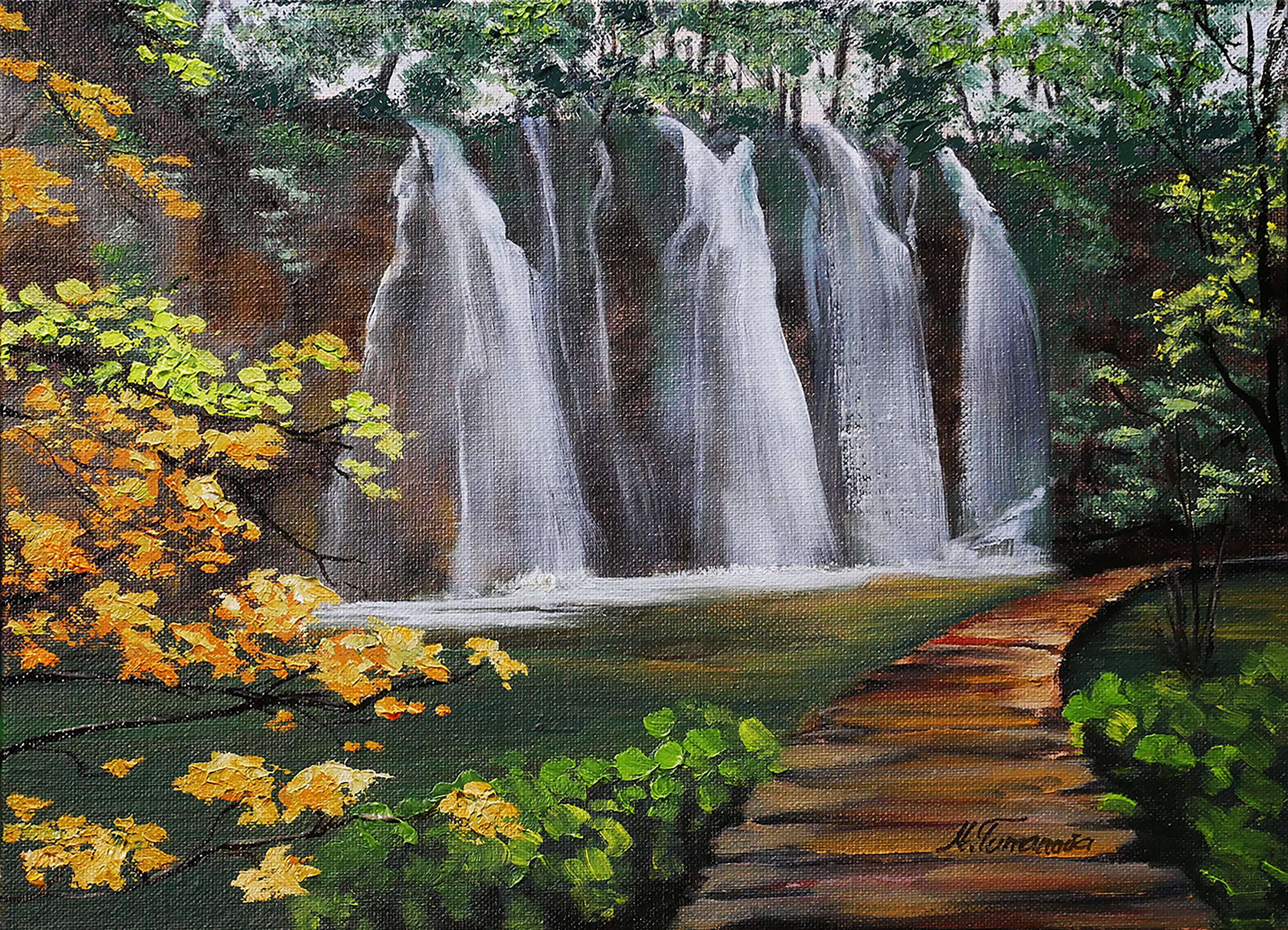 Waterfall 9x12 canvas panel original print yan9gu