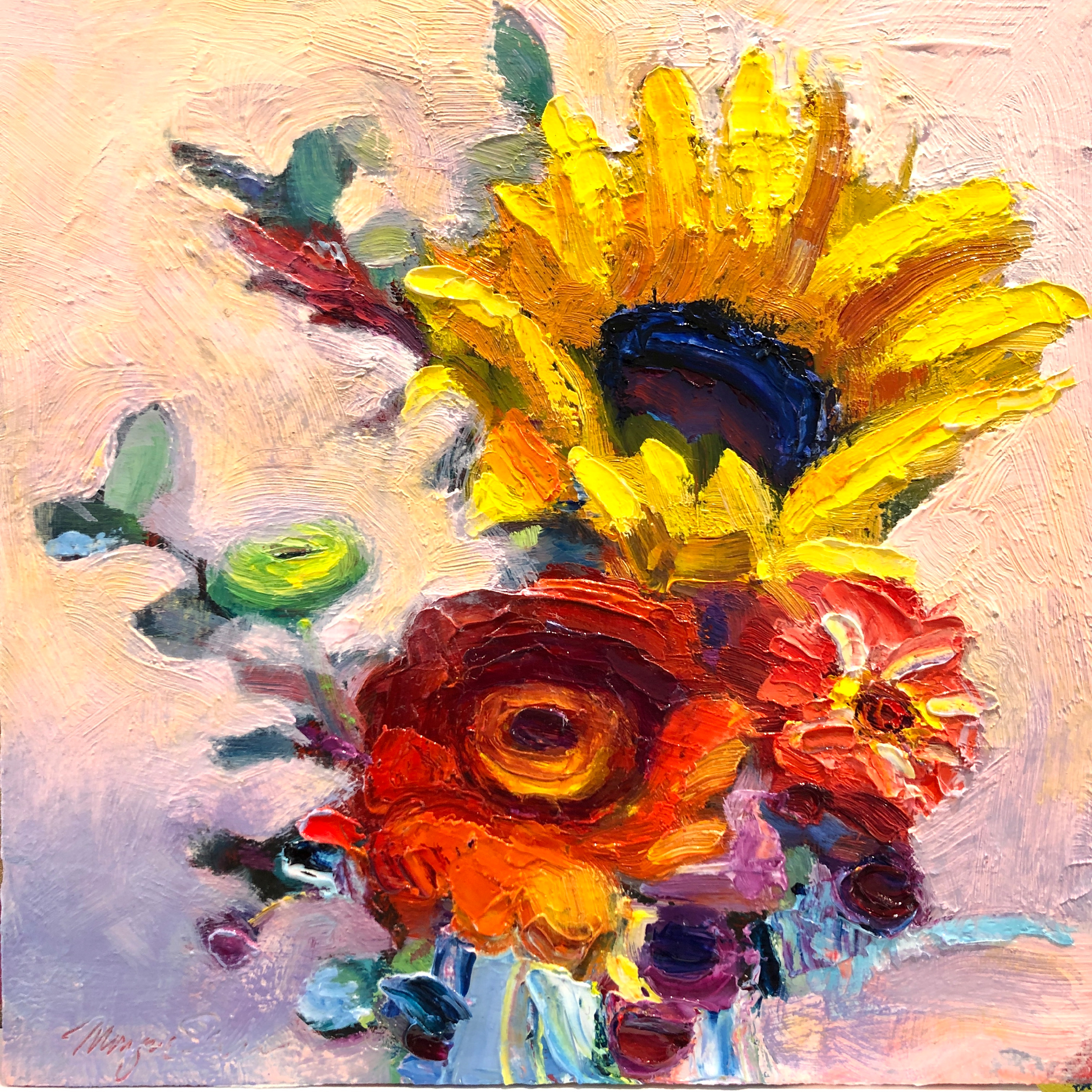 Together still life with red gerbera daisies zinnia and sunflower 2 oil 8x8 a9kqe2