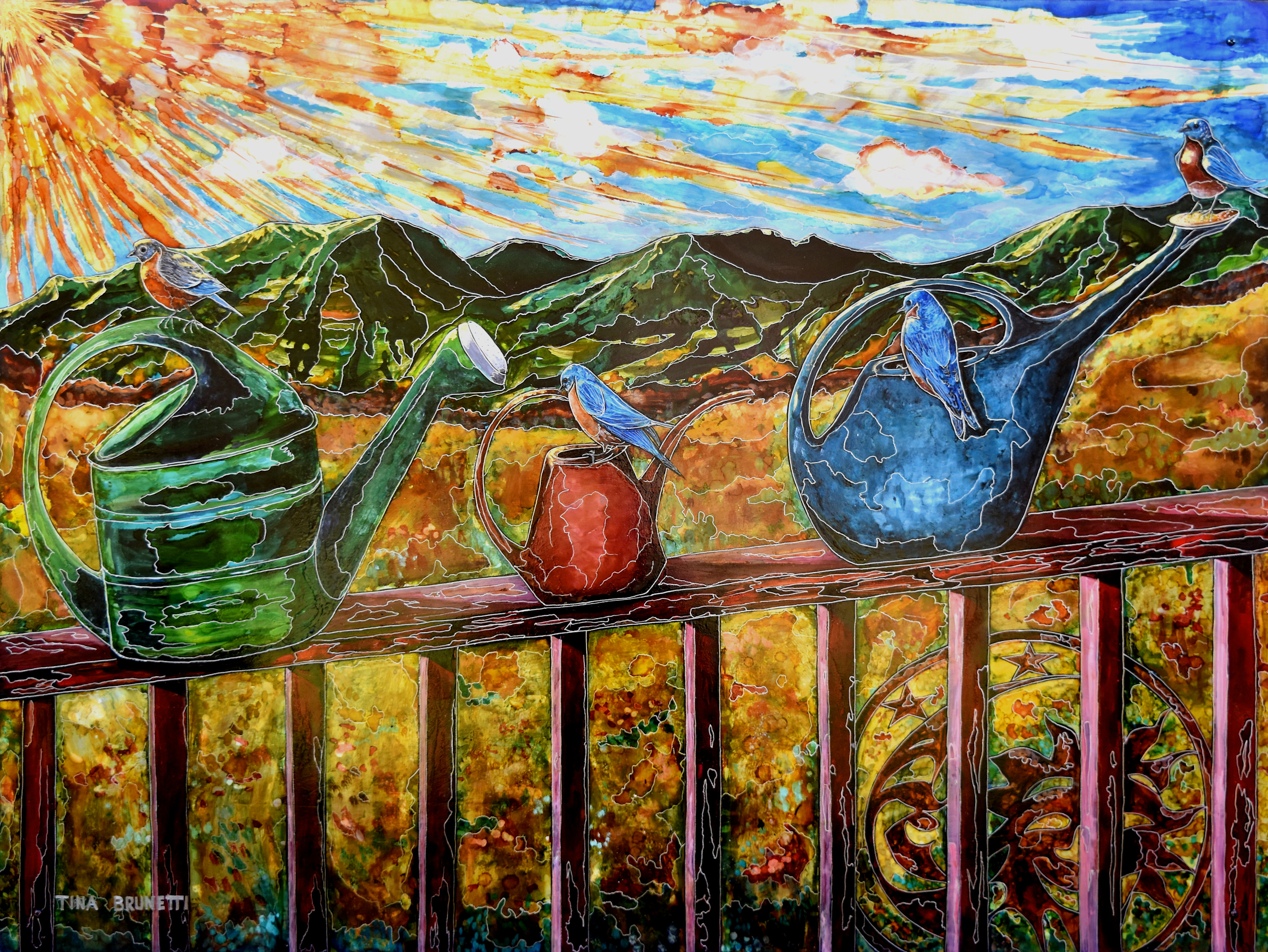 Bluebirds and watering cans 36x48 3500 tuw4ws