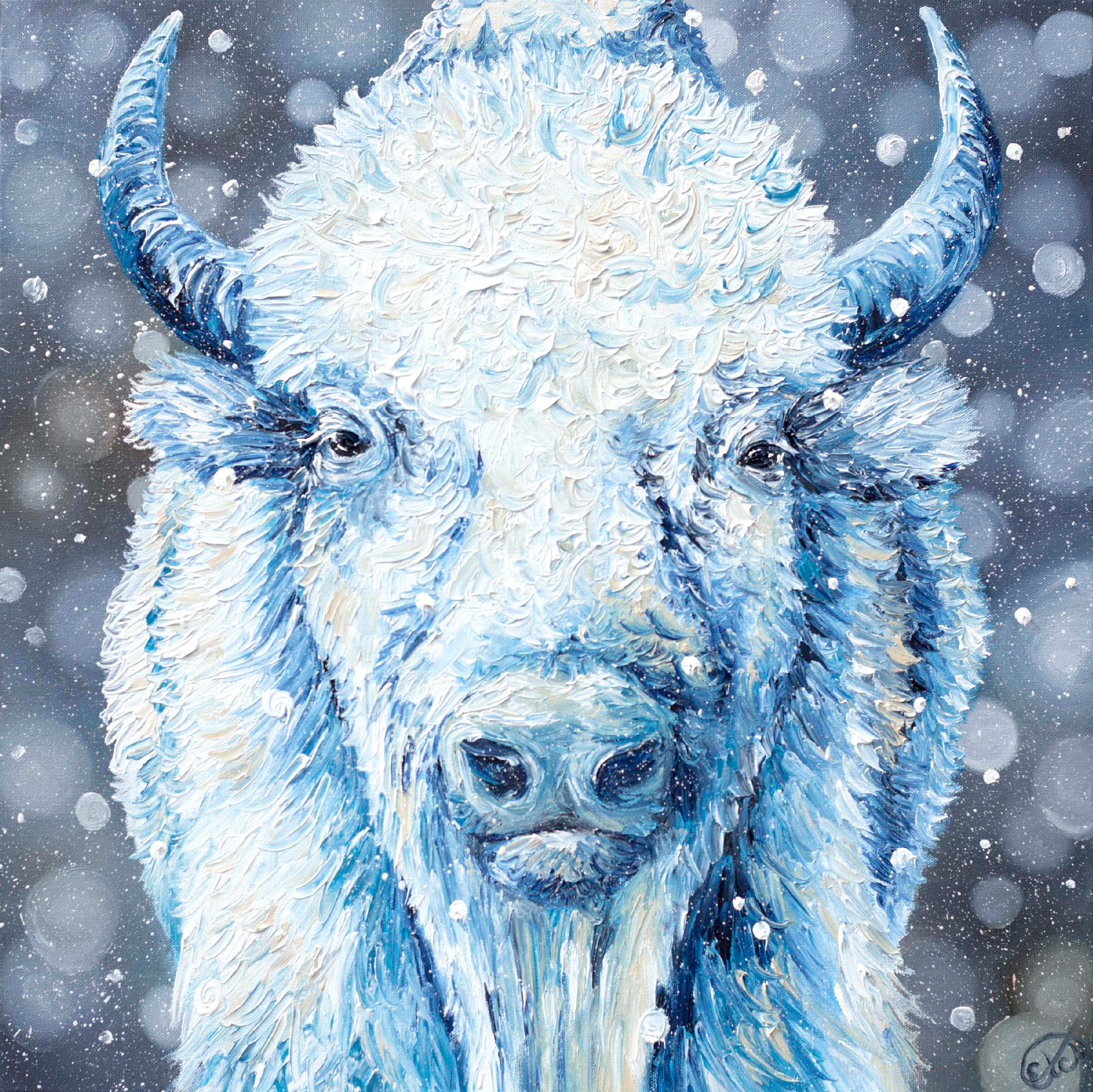Elizabeth mordensky  spirit buffalo  oil finger painting   24x24 rhyhnm
