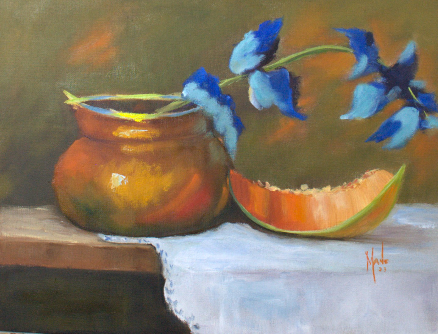 Blue flowers in copper vase abc8pw