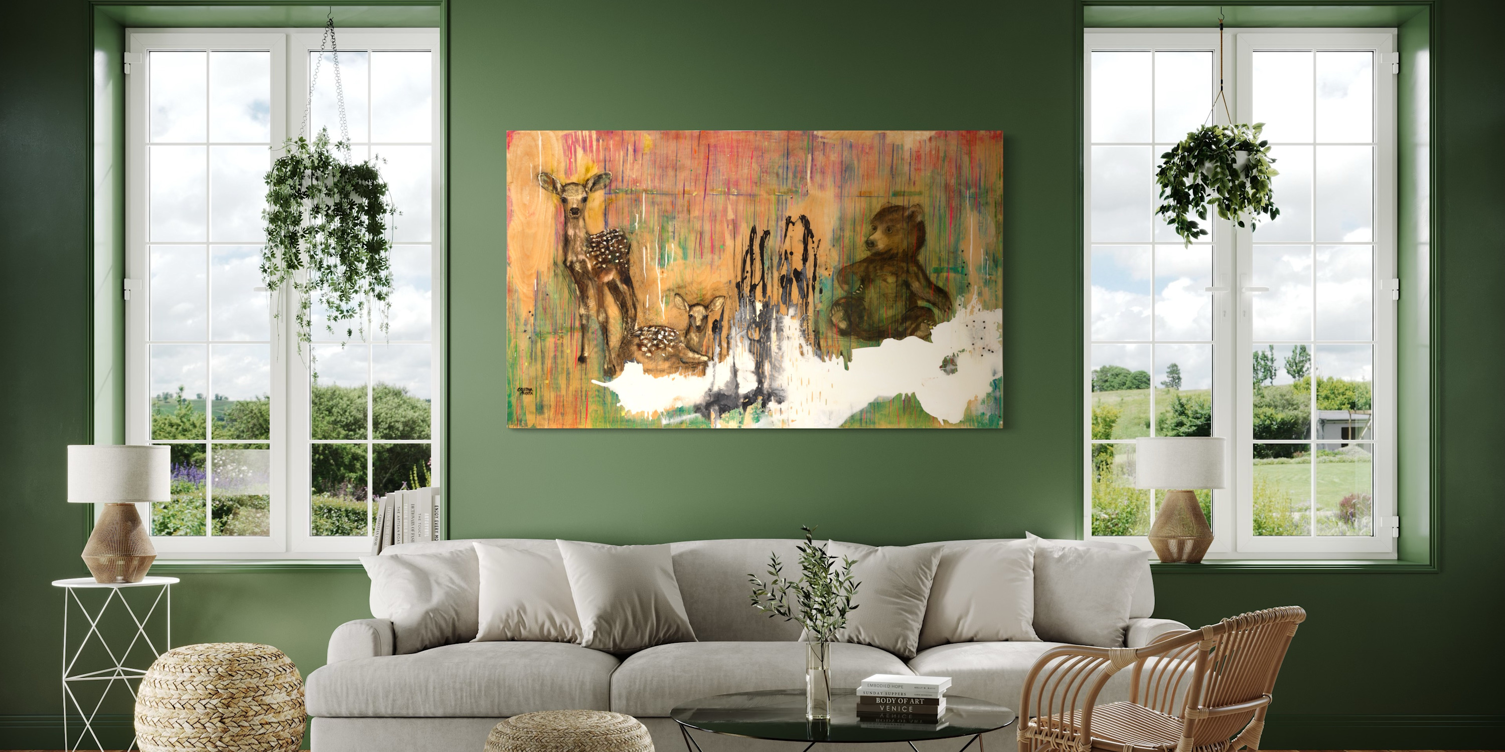 
        <div class='title'>
          Cristina Acosta art Spring Rains
        </div>
       
        <div class='description'>
          baby bear and baby deer ponder their future environment
        </div>
      