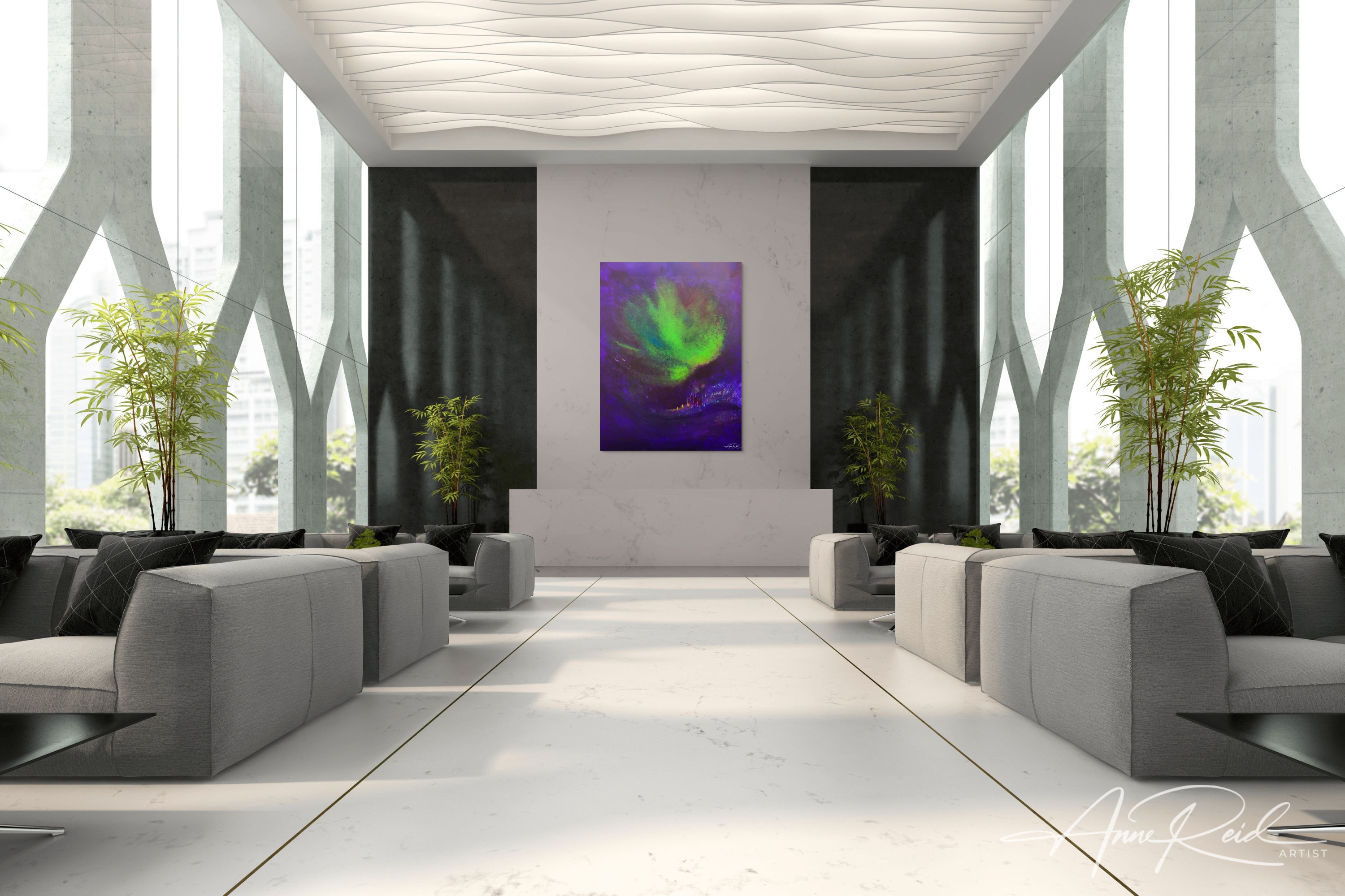Hospitality lobby mockup — Zebulun, durable large-format finish
