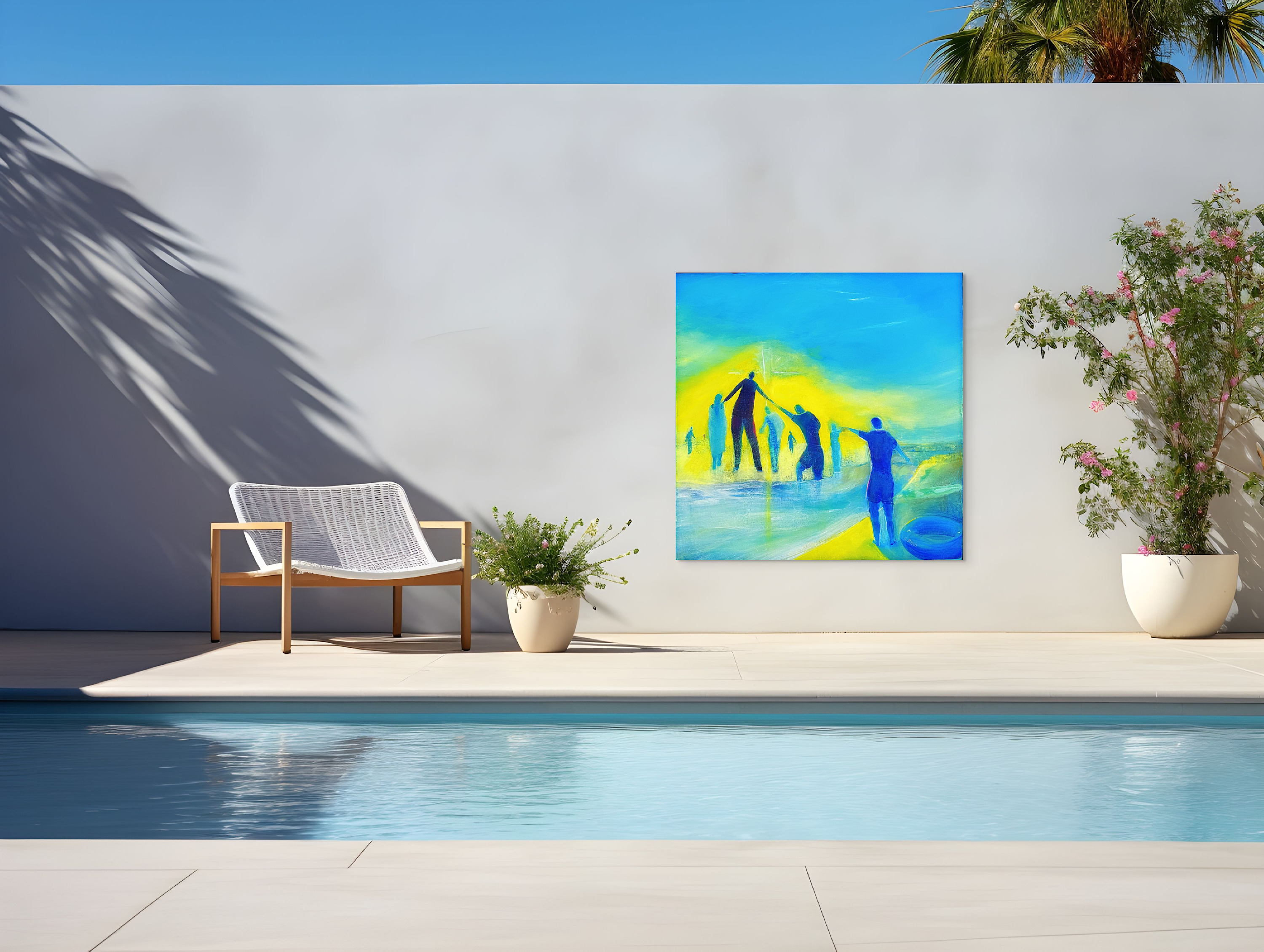 Poolside presentation of A River Runs Through It open edition fine art print by Anne Reid Artistâsoft blues and gold light emphasizing calm and renewal.