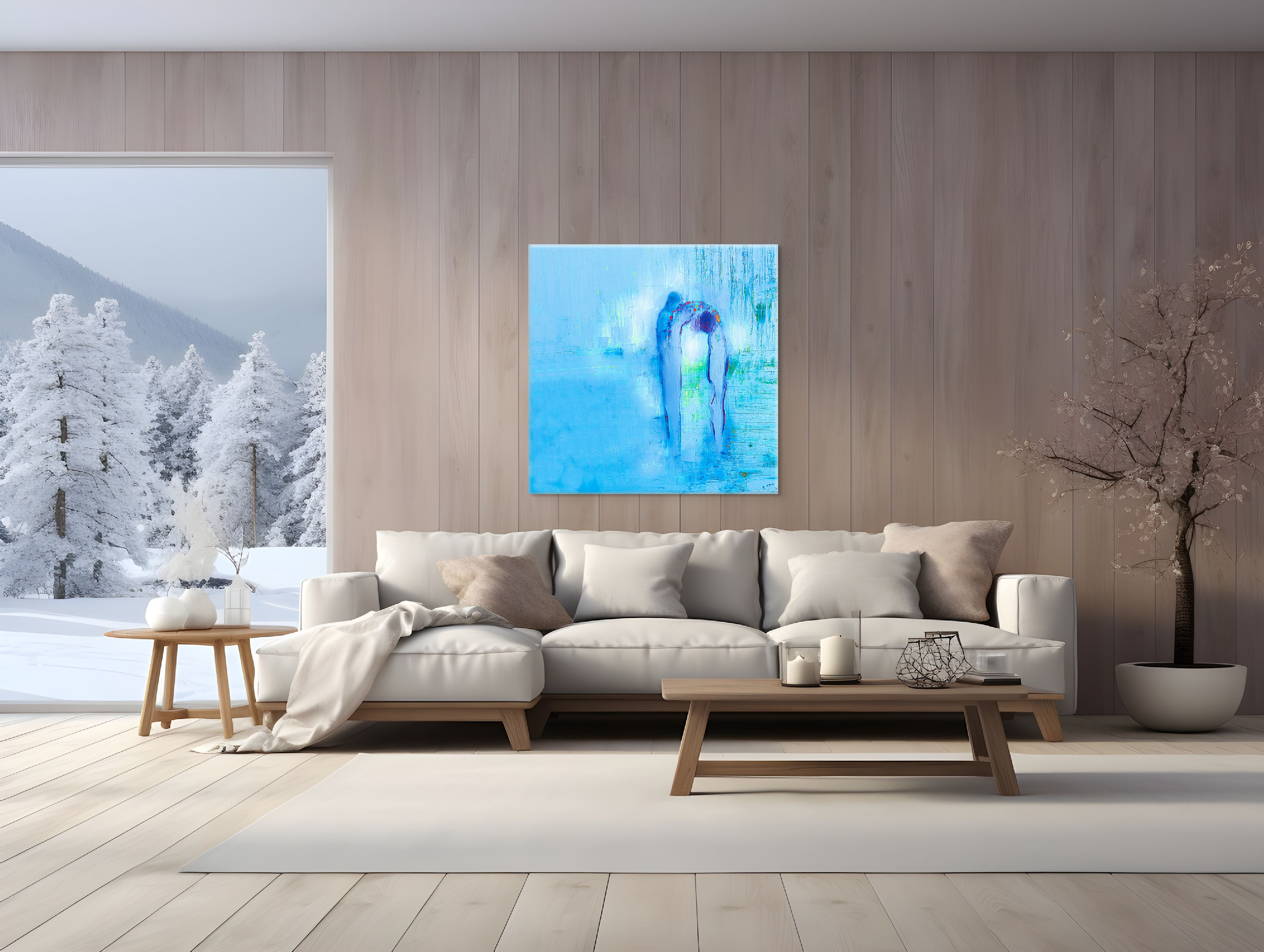 David & Samuel 5 open-edition fine art print by Anne Reid Artist shown above a linen sofaâ36x36 square, calm aqua abstract with soft arc of light