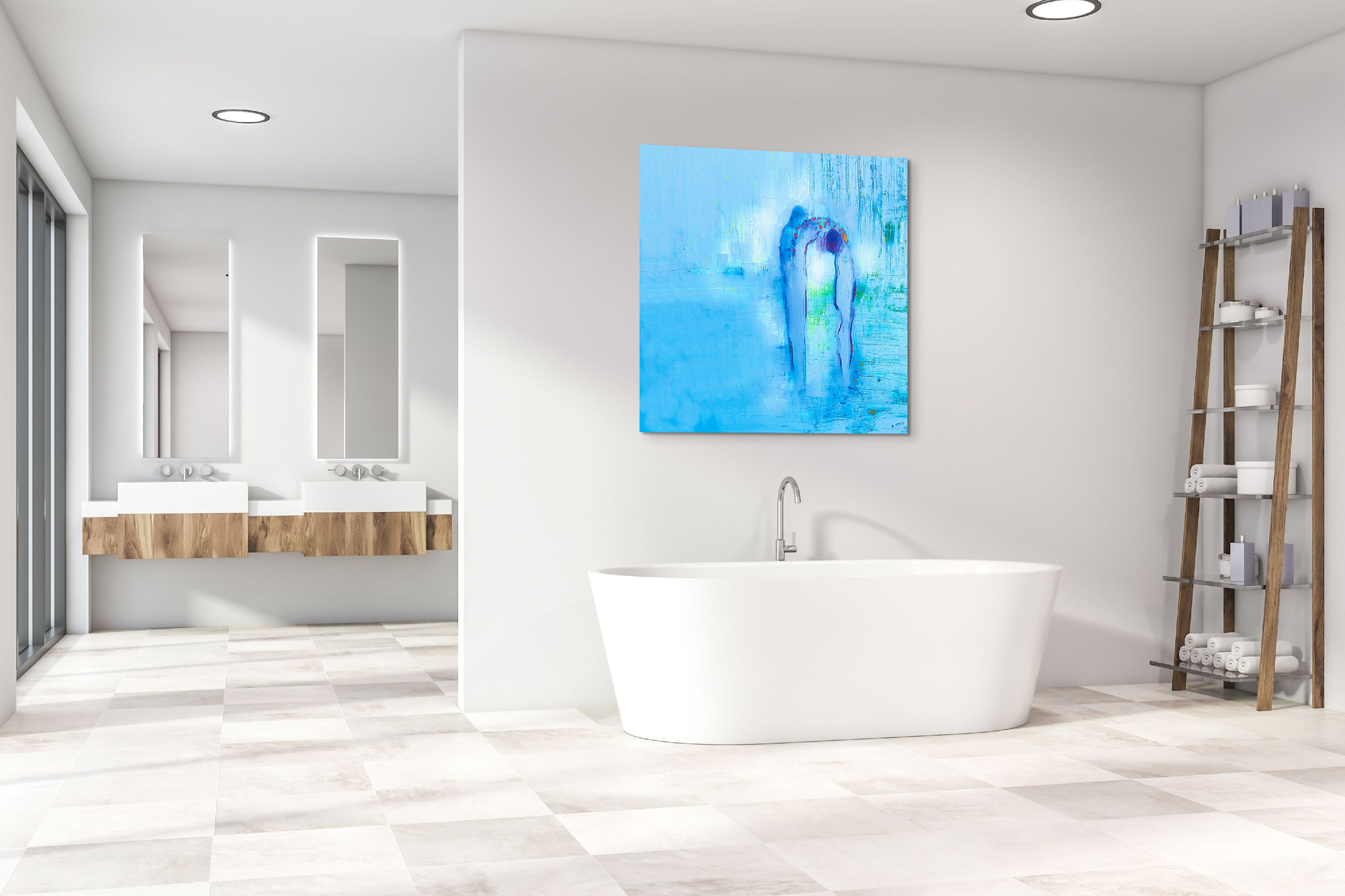 David & Samuel 5 open-edition fine art print in a serene spa bathroomâaqua palette and soft light