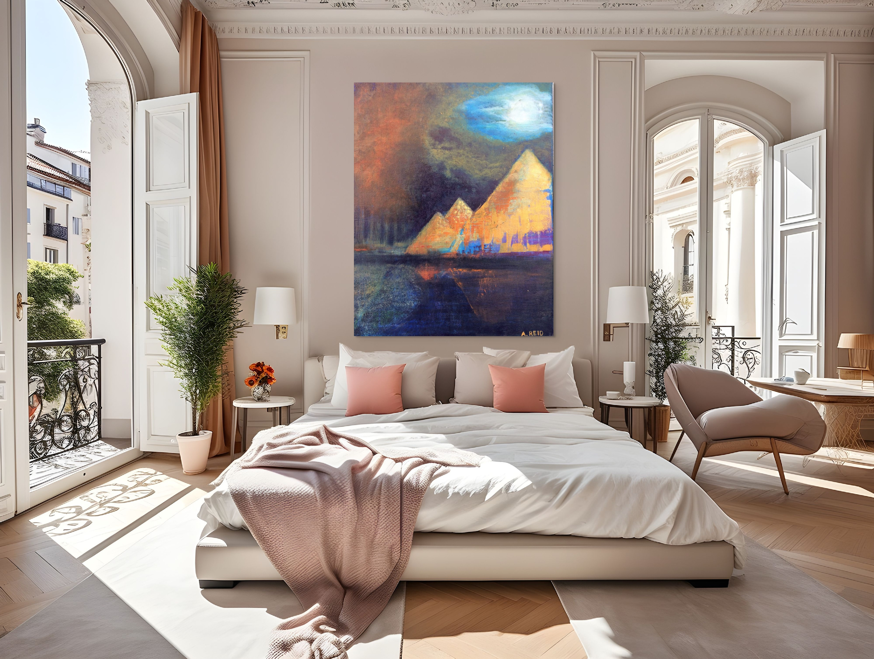 Egypt 2 open edition fine art print in a sunlit luxury bedroom with soft blush textiles and classical architecture