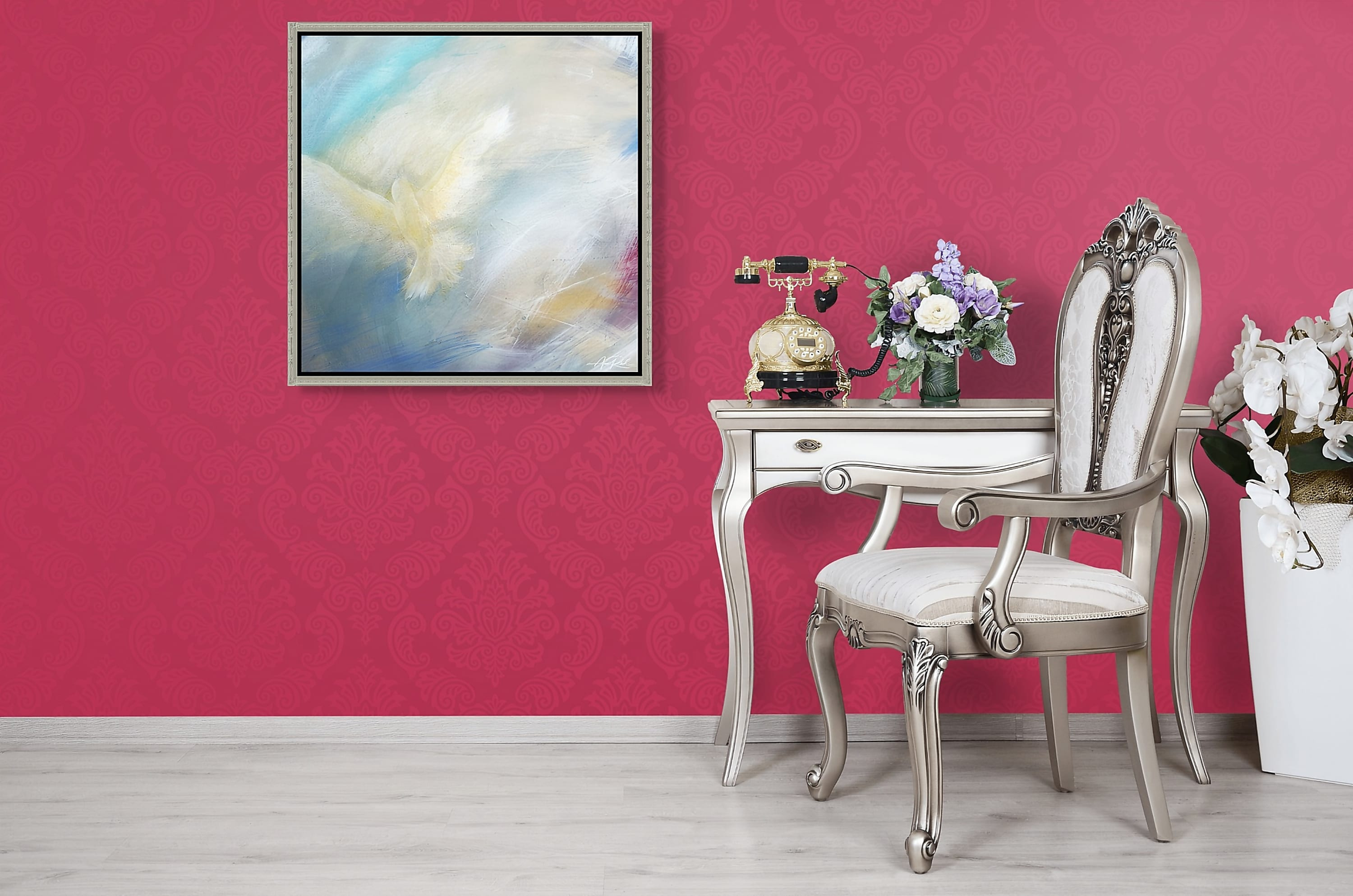 
        <div class='title'>
          Dove art print by Anne Reid Artist over silver chair and table on magenta damask wall
        </div>
       
        <div class='description'>
          Billboard image for the Viva Magenta gallery showing Dove fine art print by Anne Reid Artist styled above a silver chair, vintage telephone, and flowers against a saturated magenta damask wall.
        </div>
      