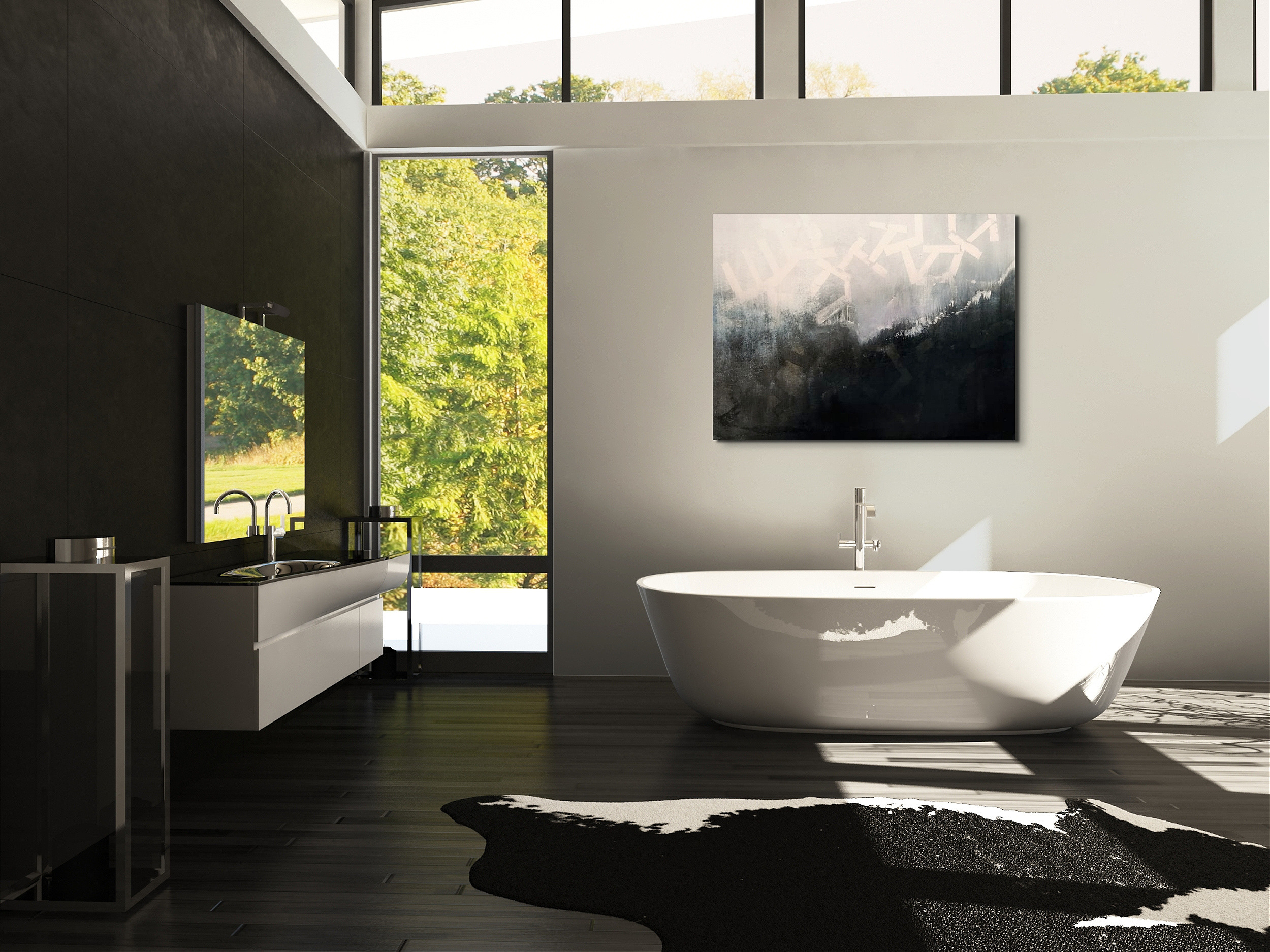 Captivity abstract print above freestanding tub in modern bathroom with tall windows and dark floor