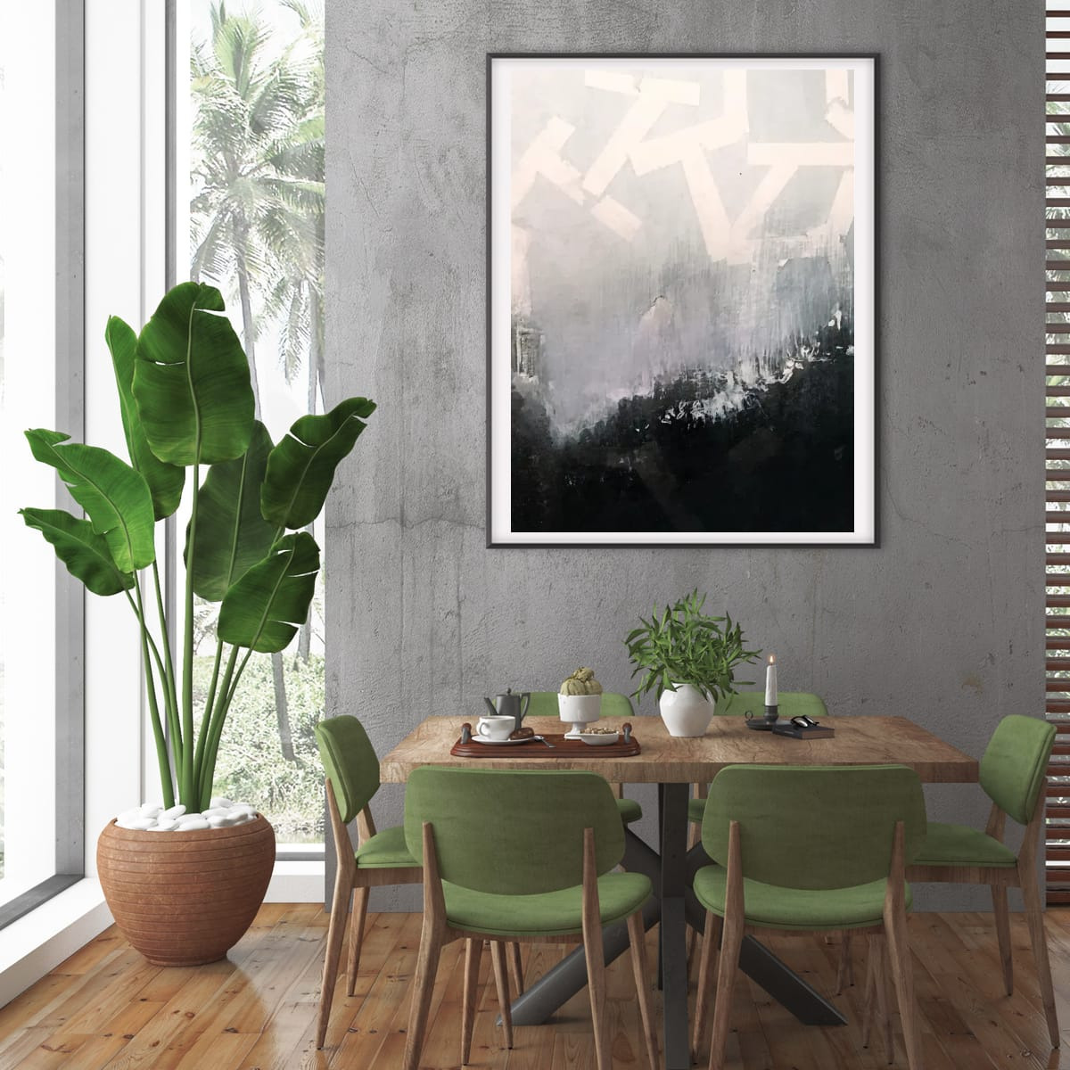 Captivity 4 vertical monochrome abstract painting hanging above a dining table in a modern neutral interior