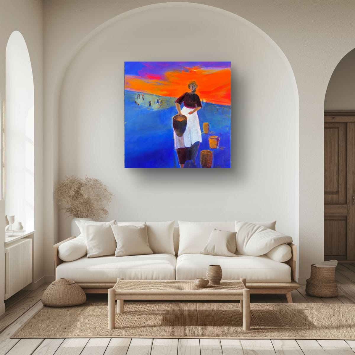 Square Ruth gleaning print above a neutral sofa in a bright modern living room