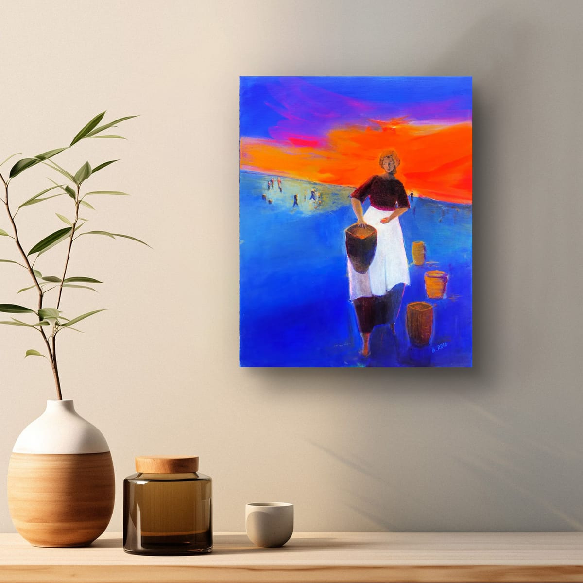 Ruth fine art print in a softly lit hallway above a bench with green foliage