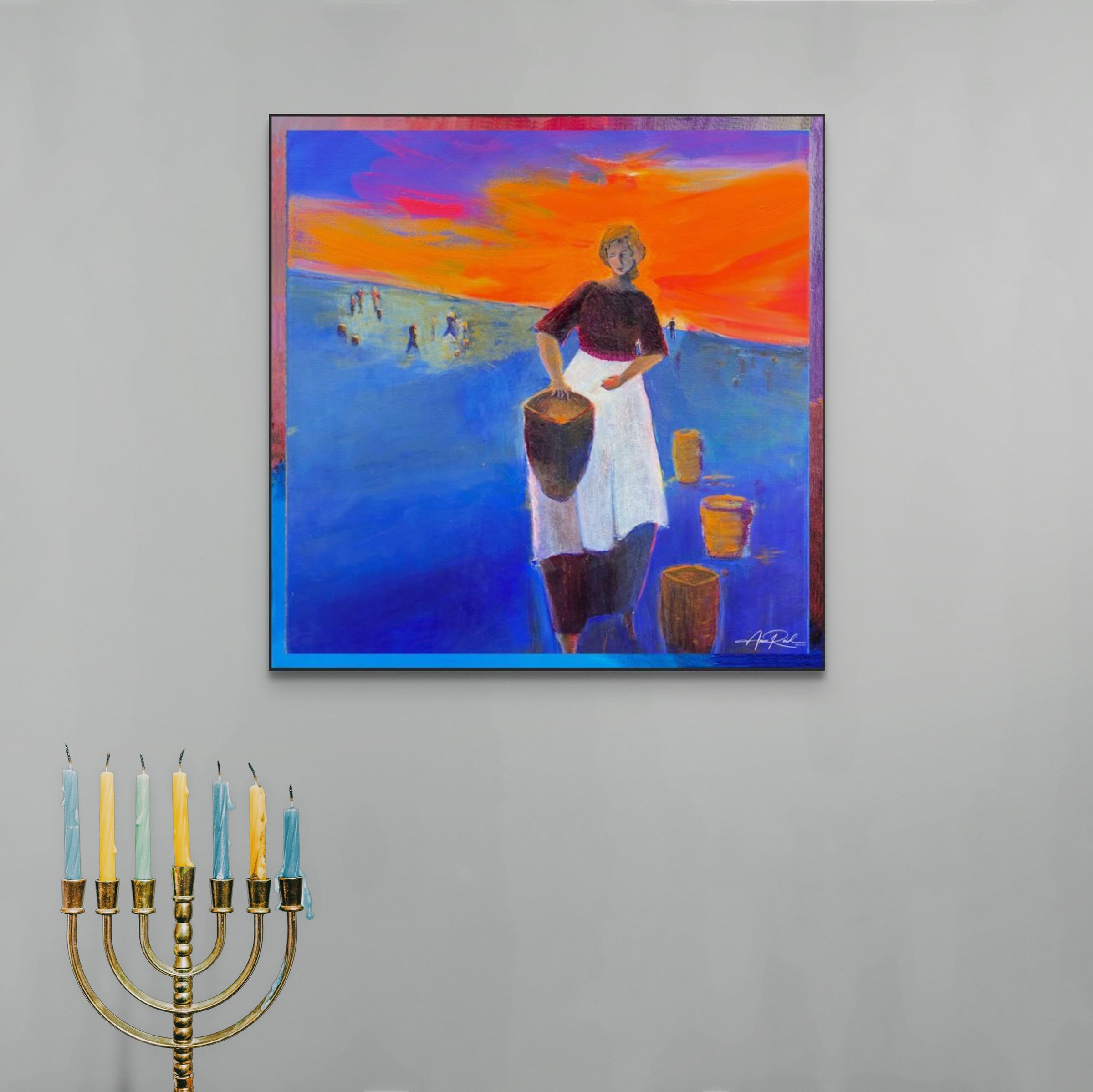 Square Ruth Covenant Borders print in metal above a pale wall with gold menorah candles