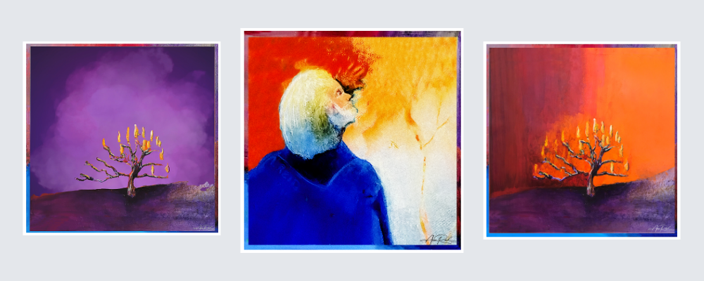 Suggested three-piece wall grouping with Burning Bush 9, Ezekiel 7, and Burning Bush 8 prints from the Covenant Borders series.