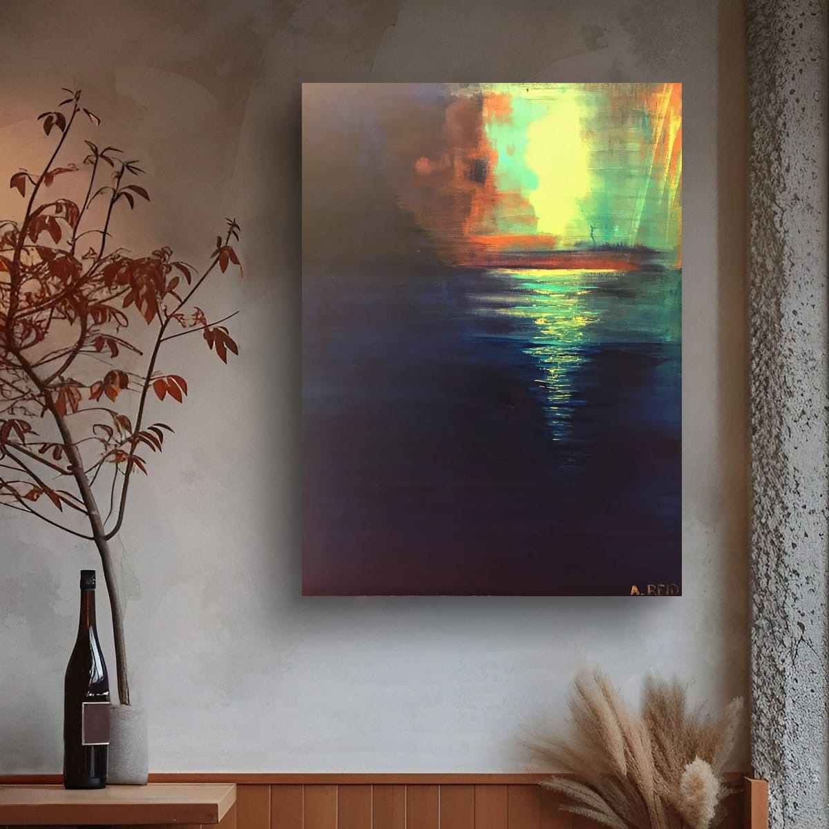 The Breaker, fine art print by Anne Reid Artist — luminous chartreuse-yellow sky with orange-red clouds and gold-green light path across deep navy water, shown in a modern interior setting.