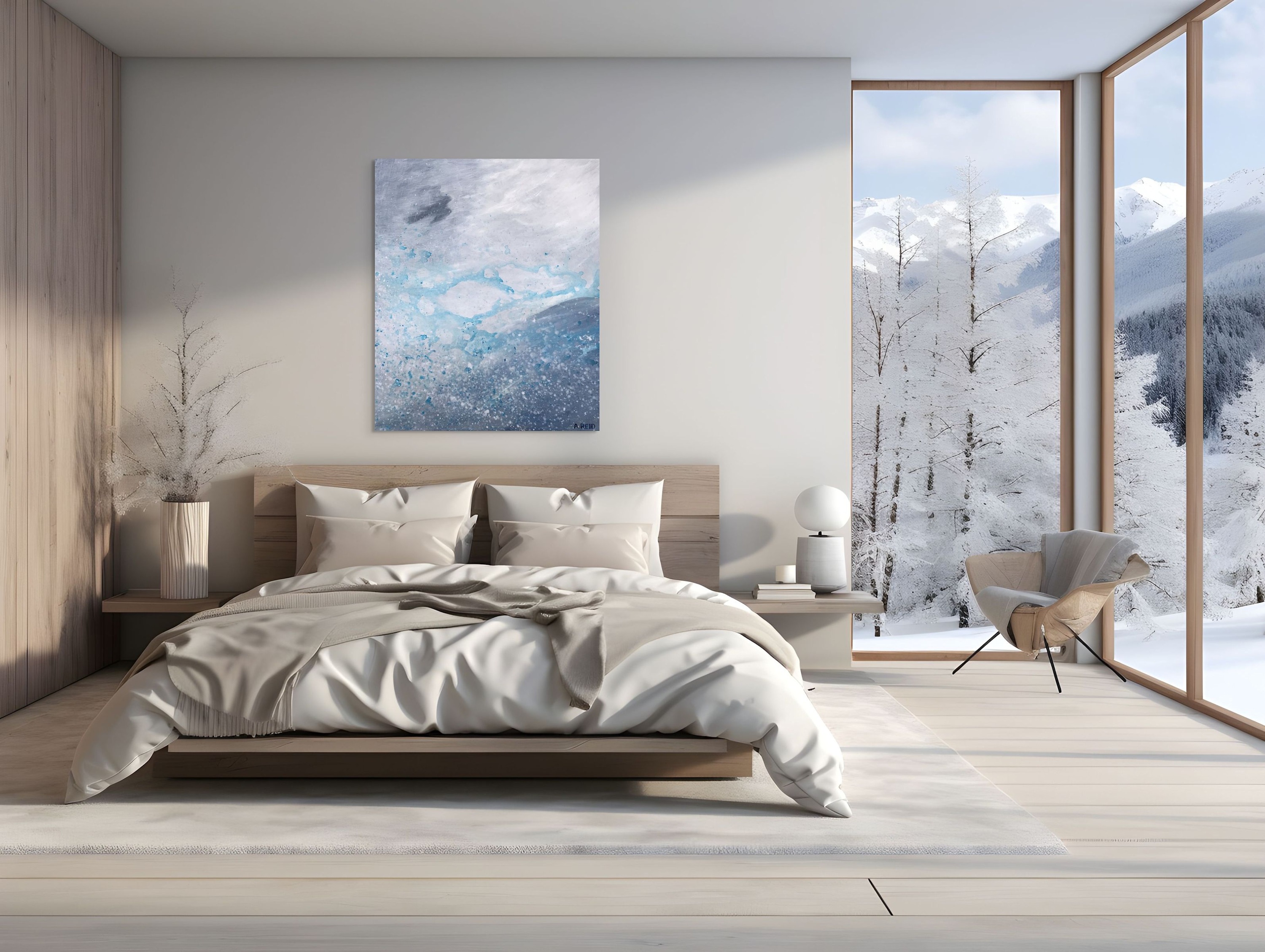 Shelter fine art print by Anne Reid Artist shown above a bed in a winter-facing bedroom setting