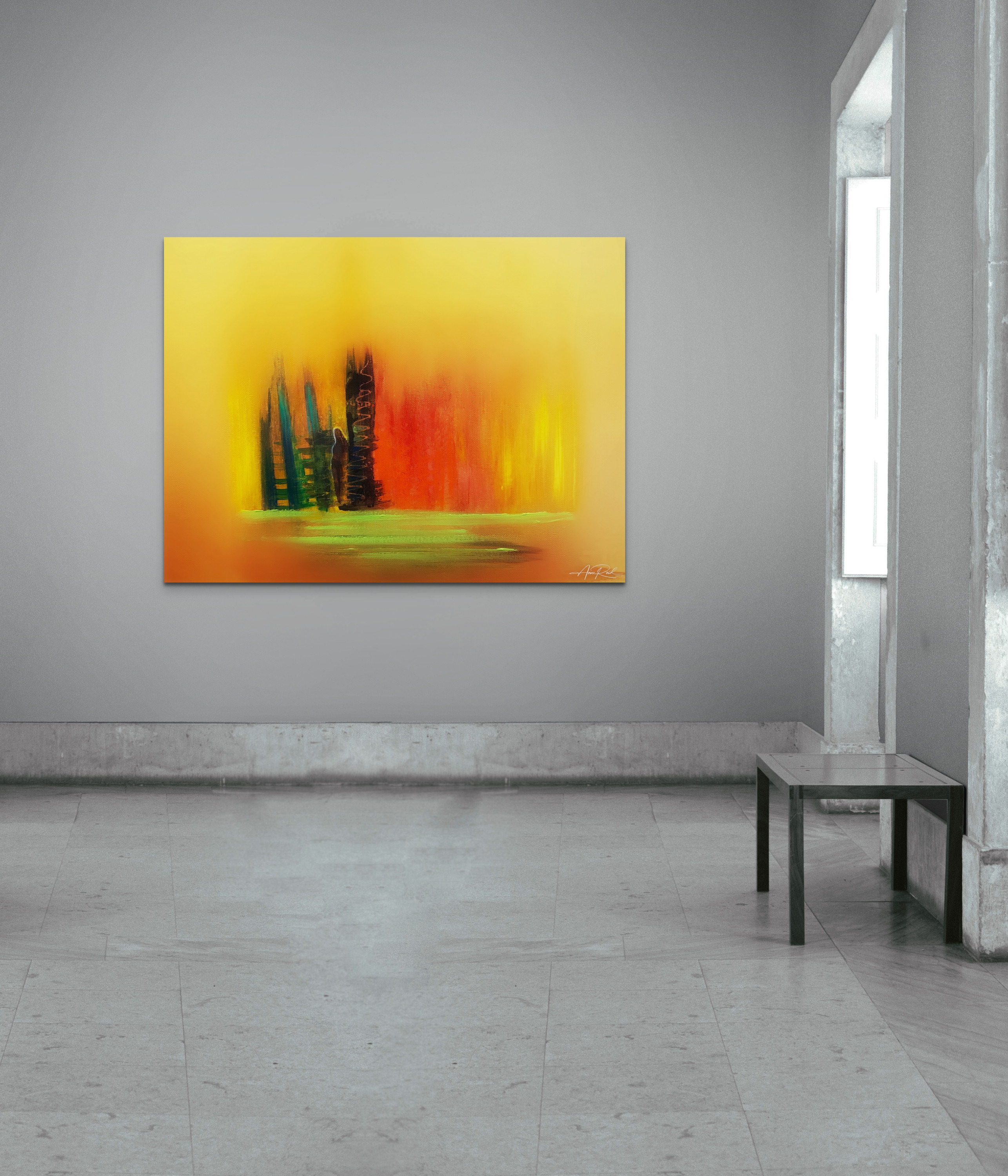 Abstract yellow and red fine art print installed in a minimalist architectural interior with stone flooring