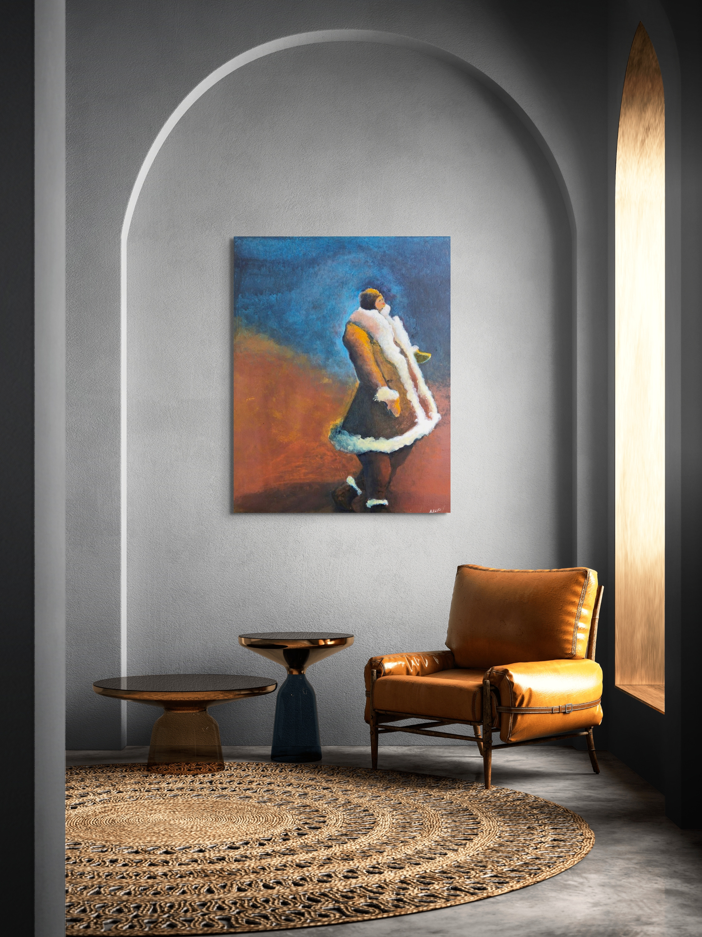 She's So Fine fine art print by Anne Reid Artist displayed in an arched architectural interior above a leather chair