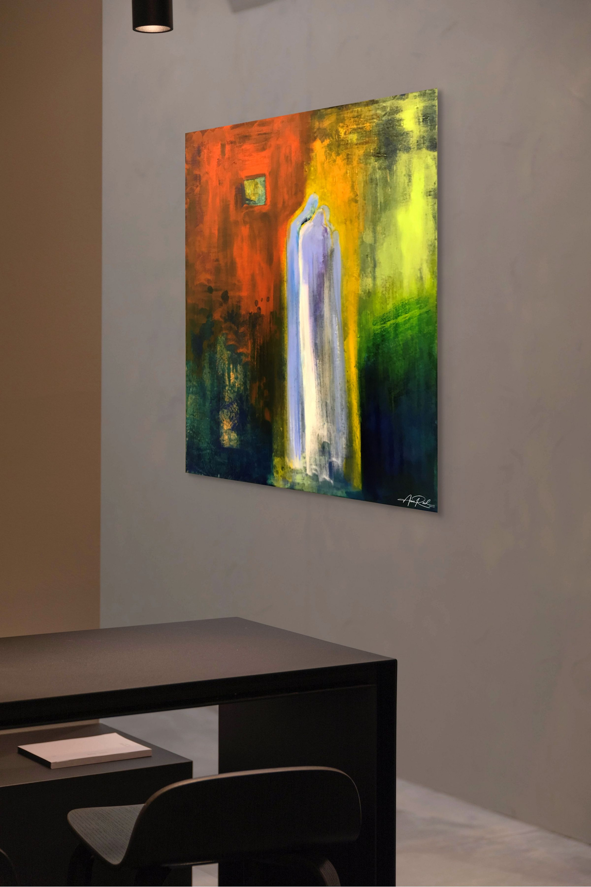 Counsel 3, print by Anne Reid Artist shown above a desk in a warm office corner.