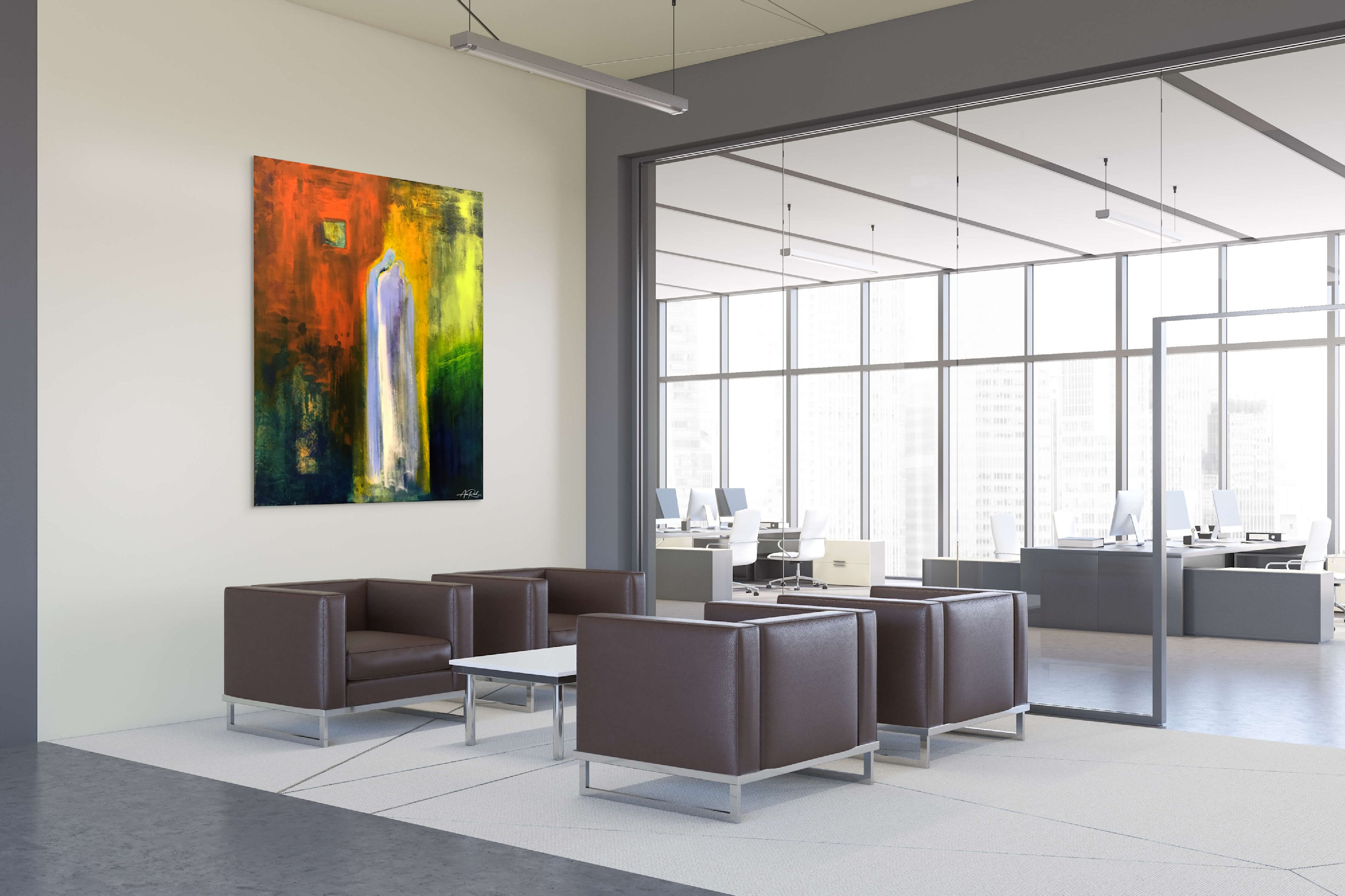 Counsel 3, print by Anne Reid Artist shown as a large metal print in a modern company headquarters lounge.