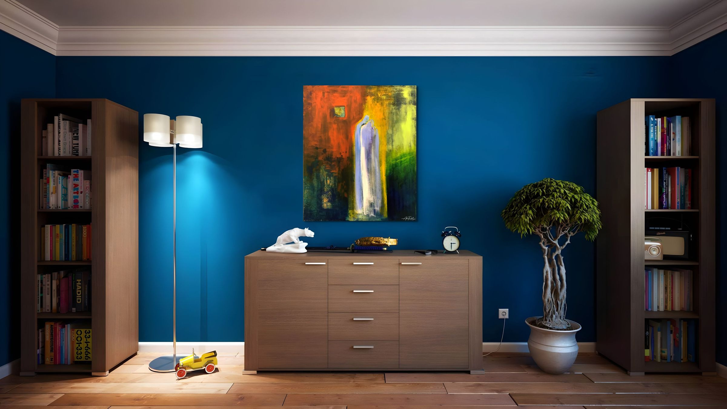 Counsel 3, print by Anne Reid Artist shown as a vertical print in a refined blue study with warm wood accents.