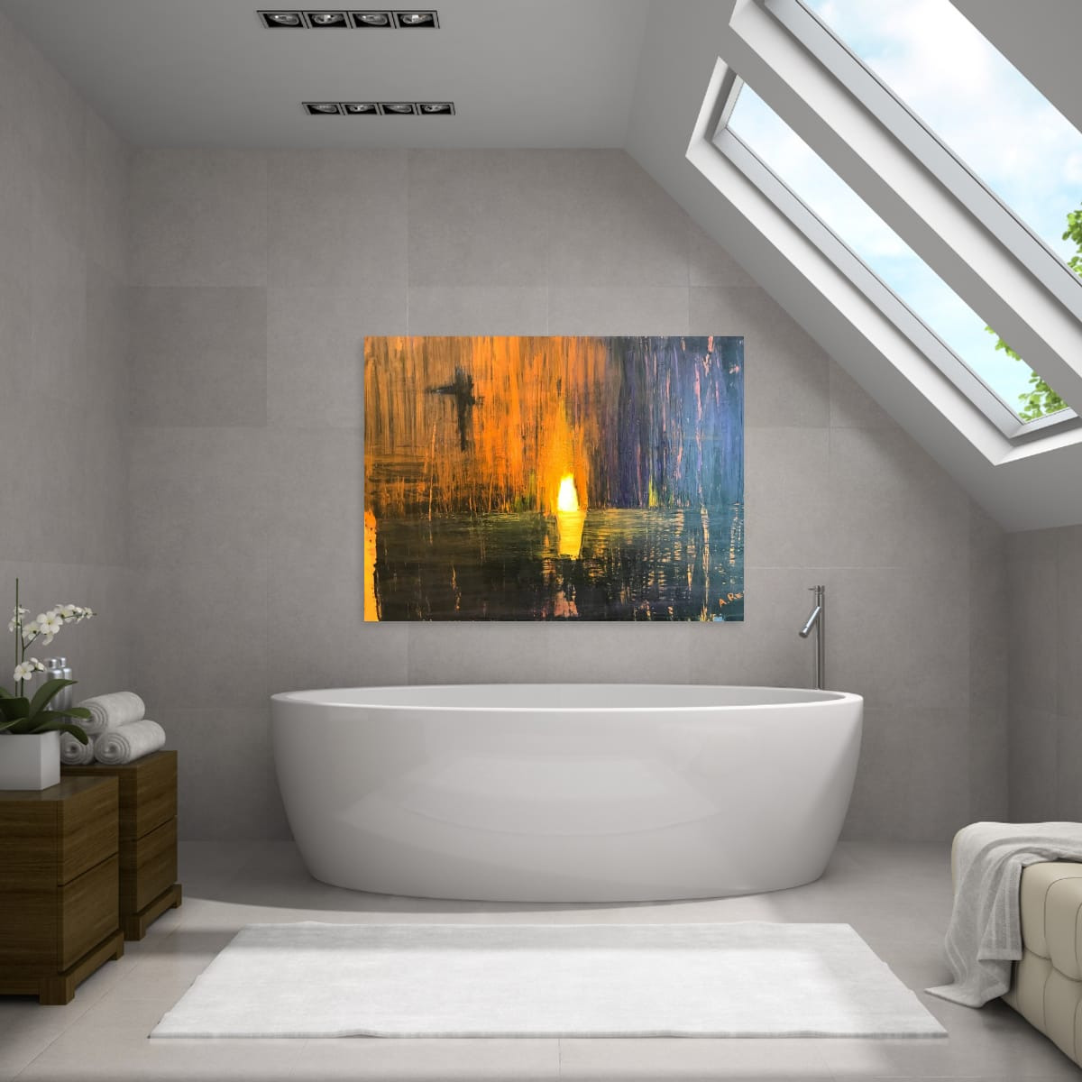 Presence fine art print by Anne Reid Artist above a white freestanding bathtub in a bright bathroom
