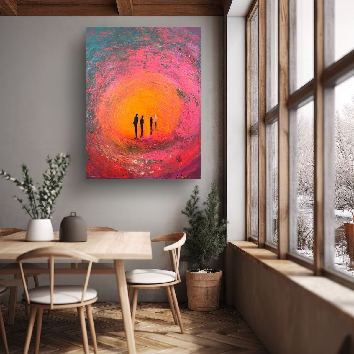 Fourth Man fine art print displayed in a contemporary dining space with large windows