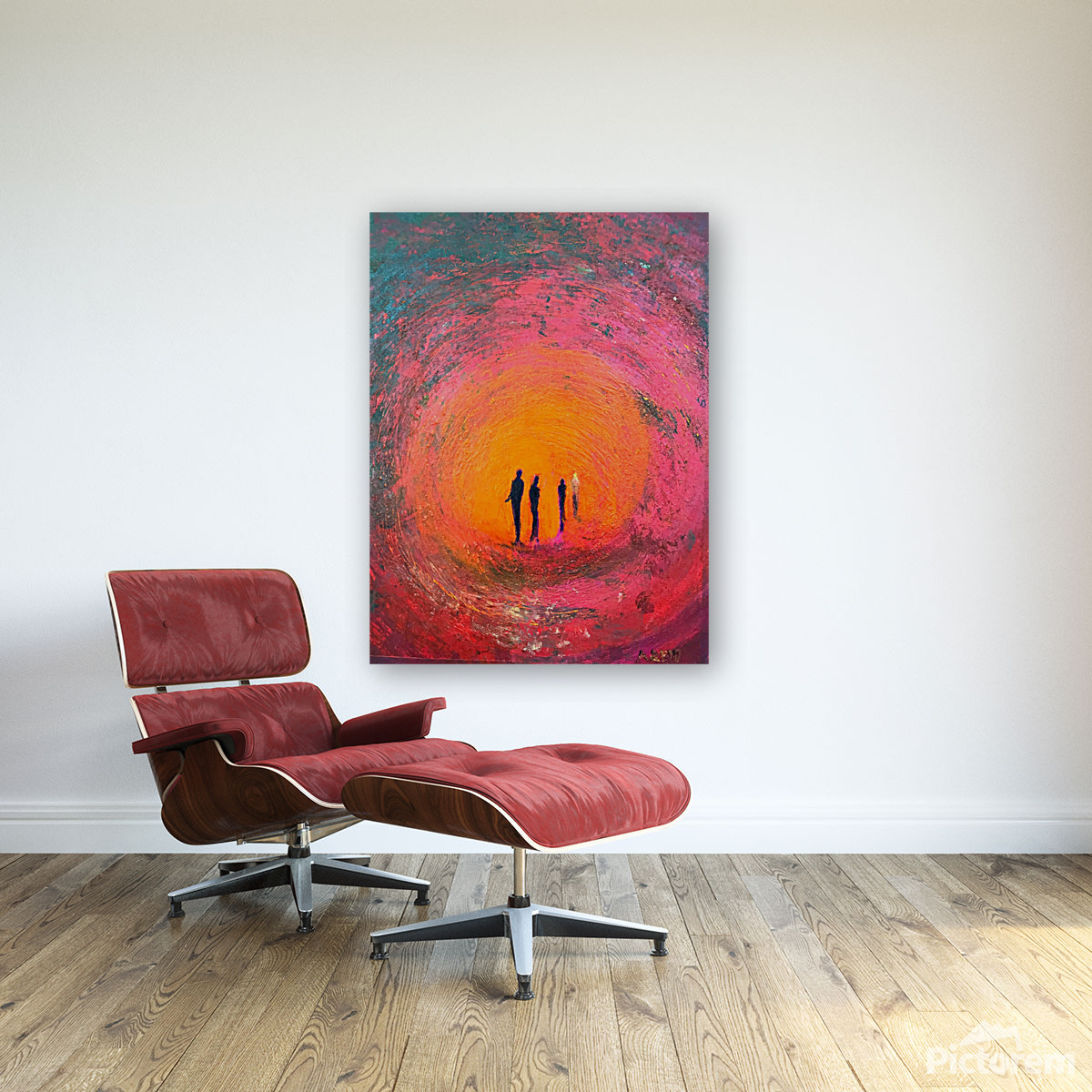 Fourth Man fine art print styled above a modern red lounge chair in a bright interior